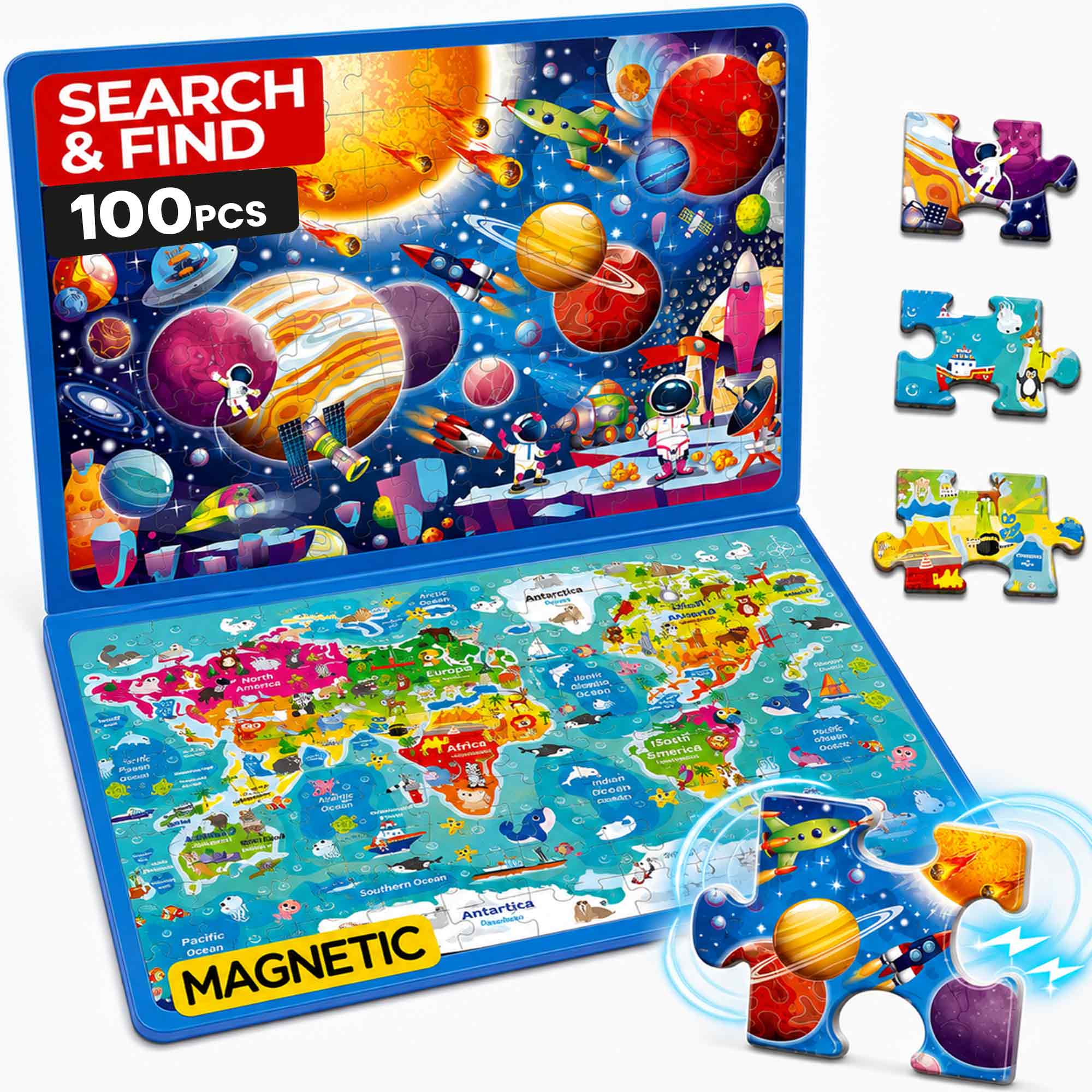 Magnetic Puzzle 2x100 Pcs Puzzles for Kids - Space & World Maps