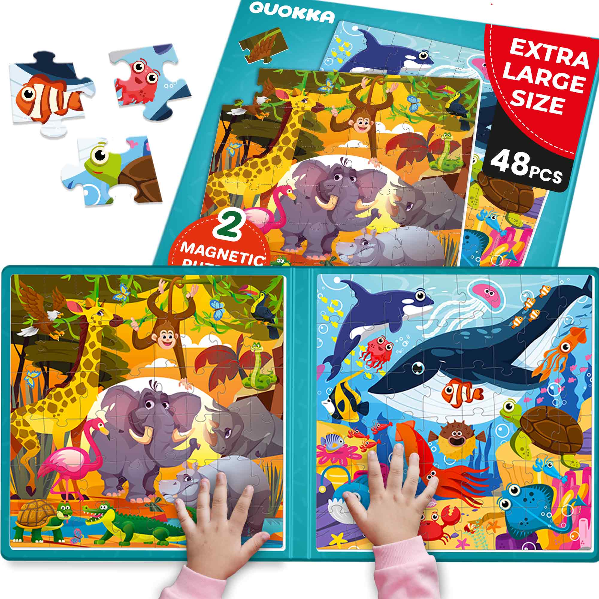 QUOKKA Magnetic Book 2x48 Piece Puzzles for Kids | Africa & Ocean