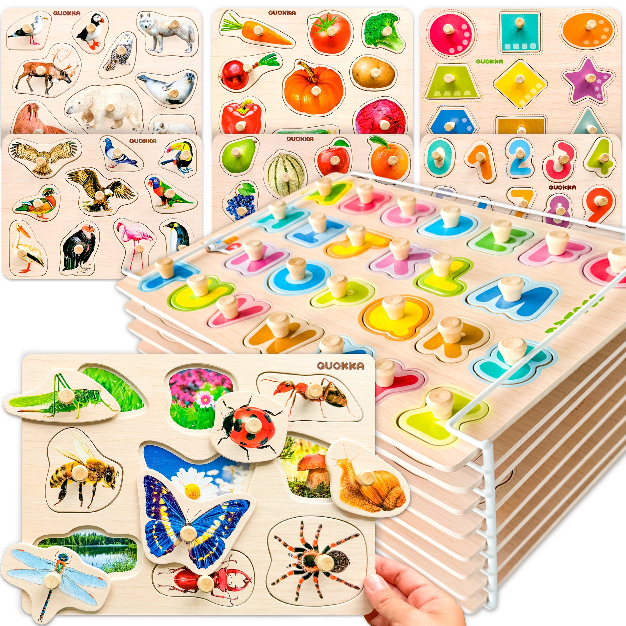 8 Pack Rack Wooden Puzzles for Toddlers| ABC, Numbers & Animals
