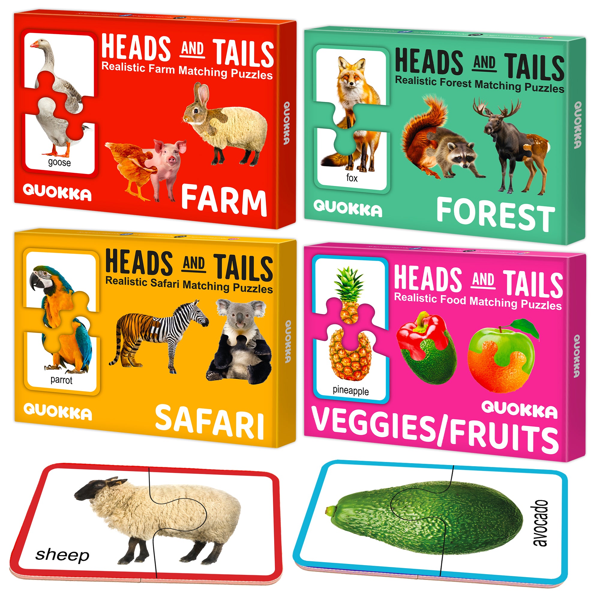 4 Set Realistic Matching Puzzle for Toddlers - Animals, Veggies & Fruits