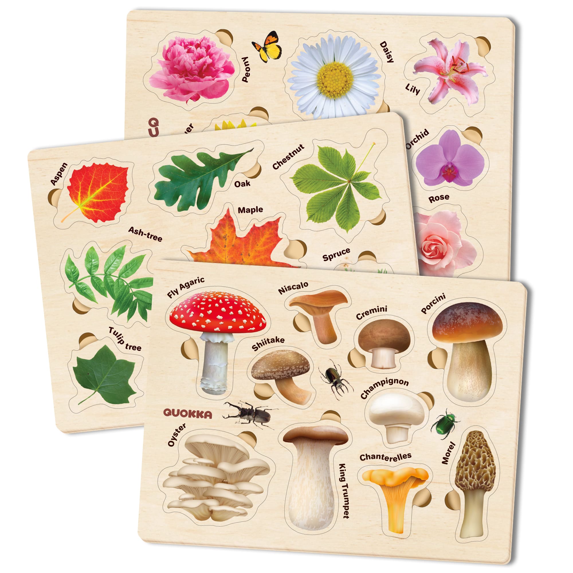 Wooden Puzzles Set for Toddlers | Mushrooms Flowers Leaves - QUOKKA