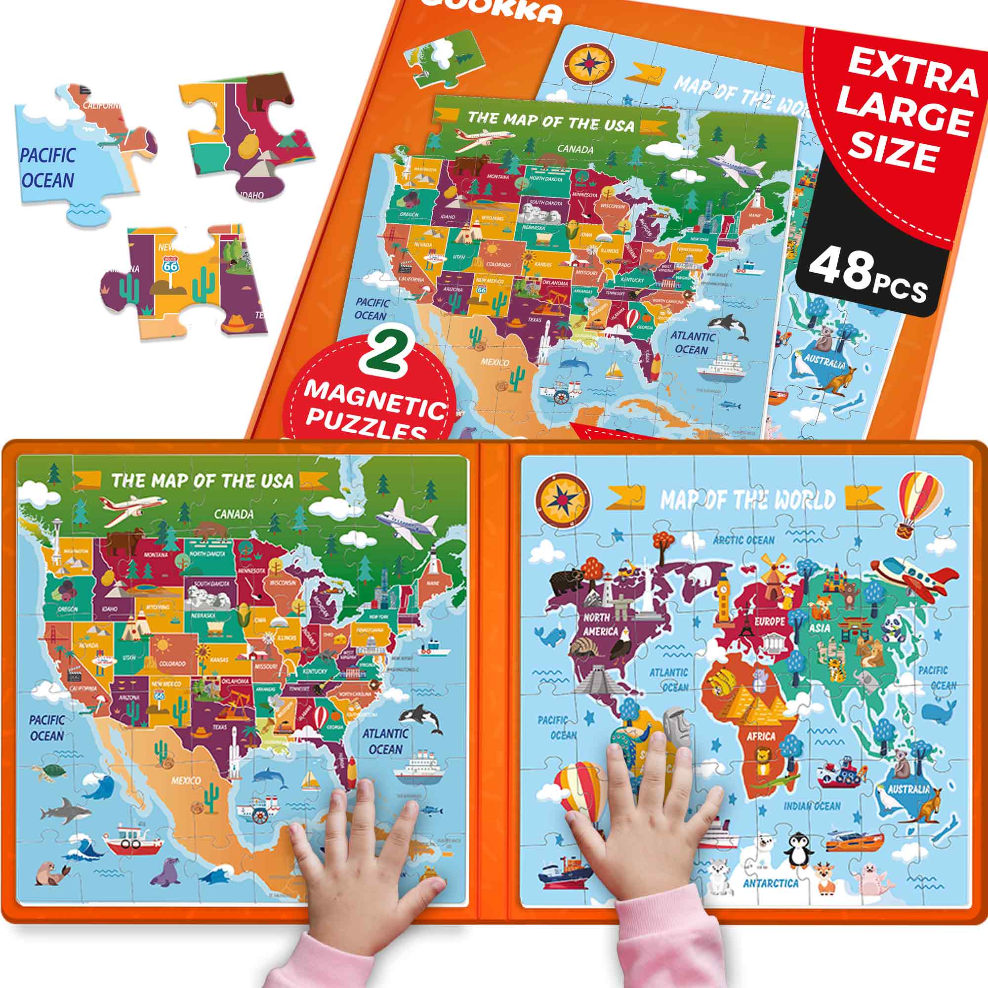 Magnetic Book 2x48 Pcs Puzzles for Kids | Maps USA & World