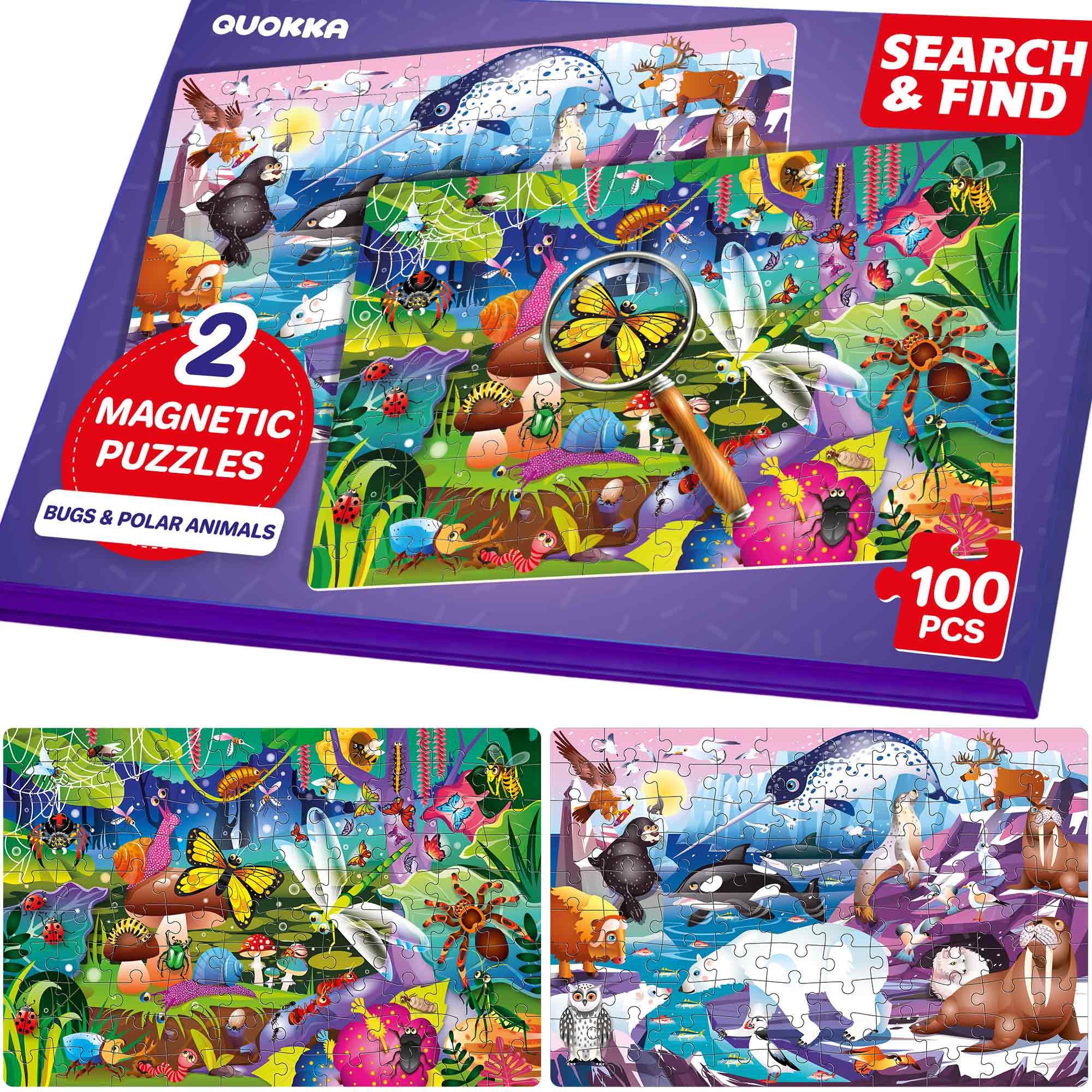 Magnetic Puzzle 2x100 Pcs Puzzles for Kids - Bugs & Polar Animals