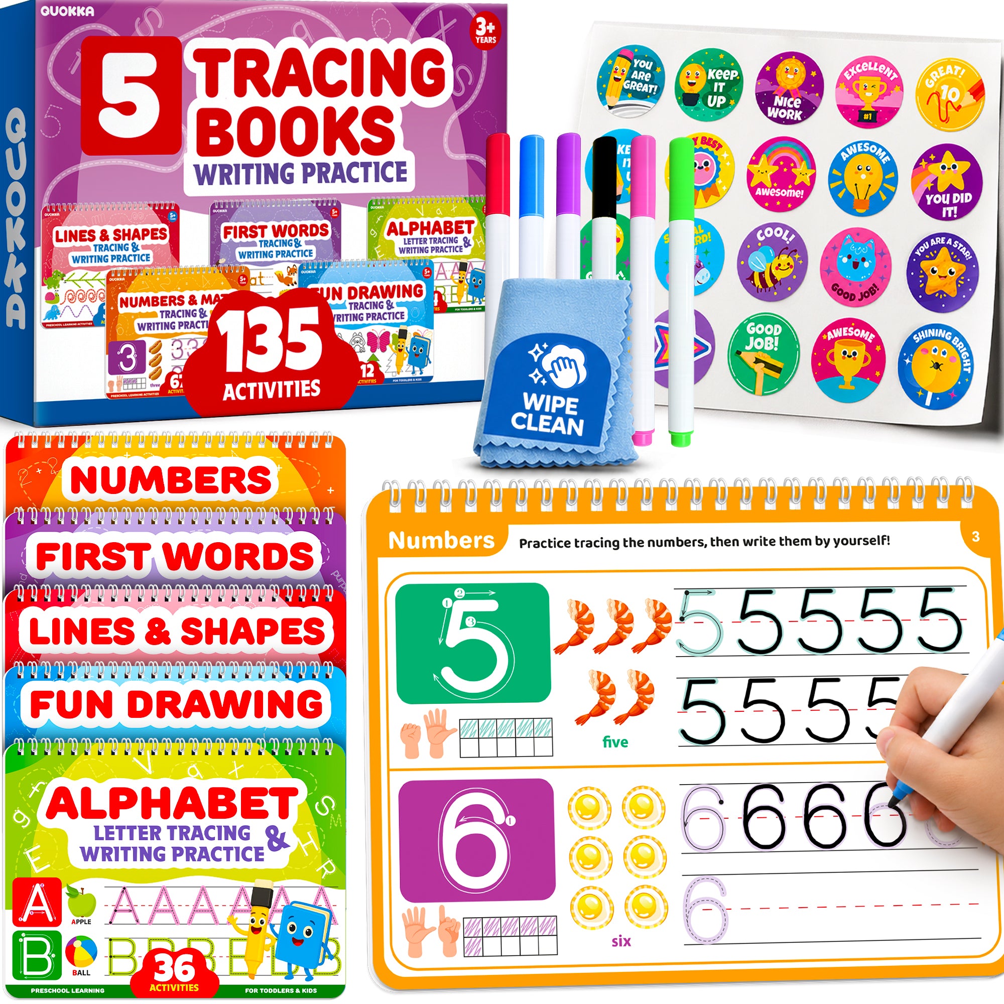 5 Set Tracing Books for Kids - Writing Practice Kit with Markers