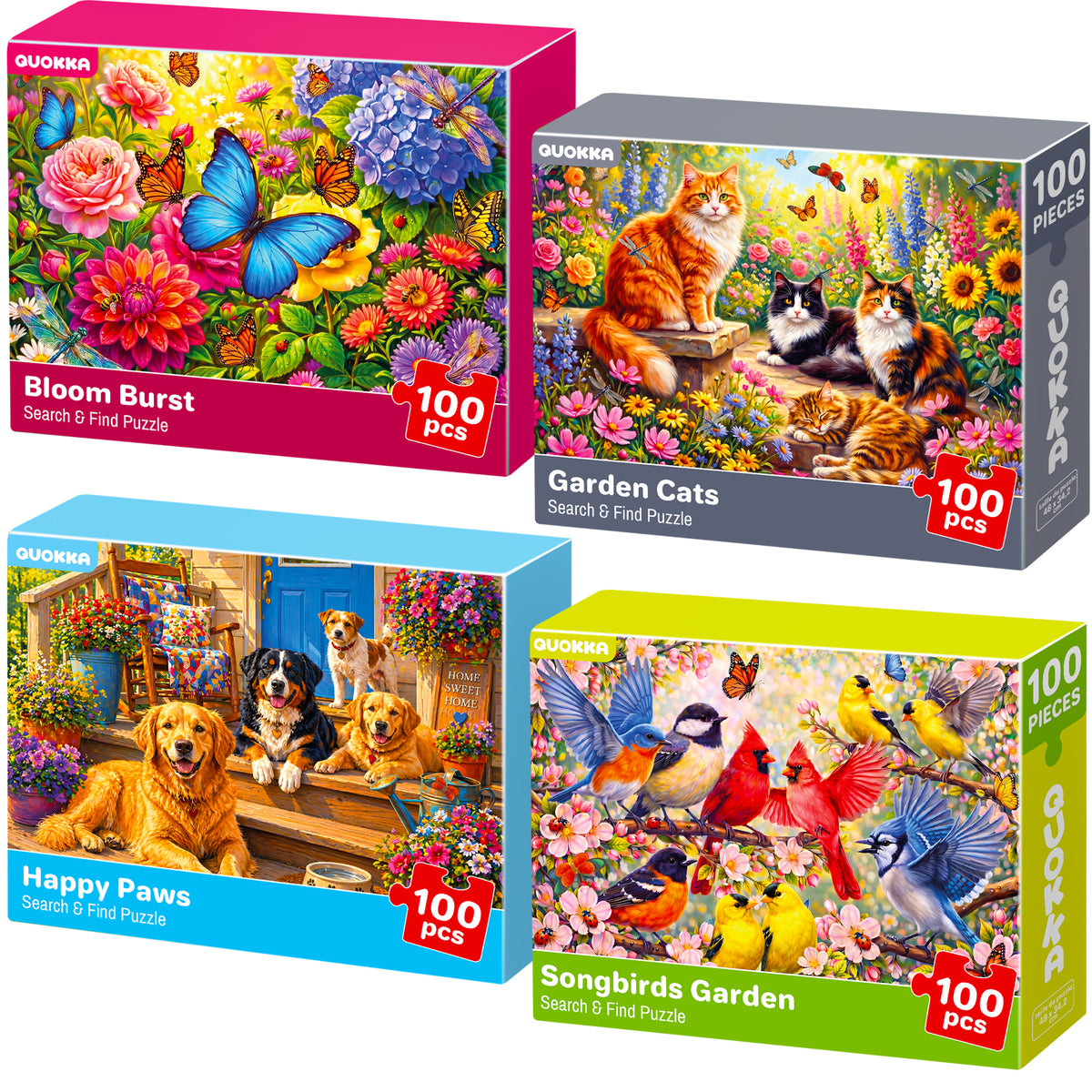 100 Pcs Search & Find Dementia Puzzles for Elderly - Pet & Flowers
