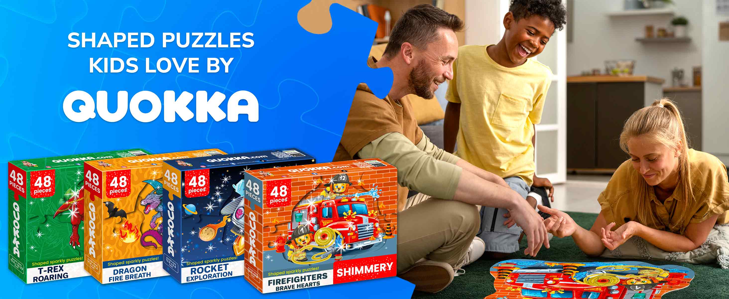 QUOKKA Glitter Puzzles for Kids – 48 Pcs Dragon, Rocket & Firefighter