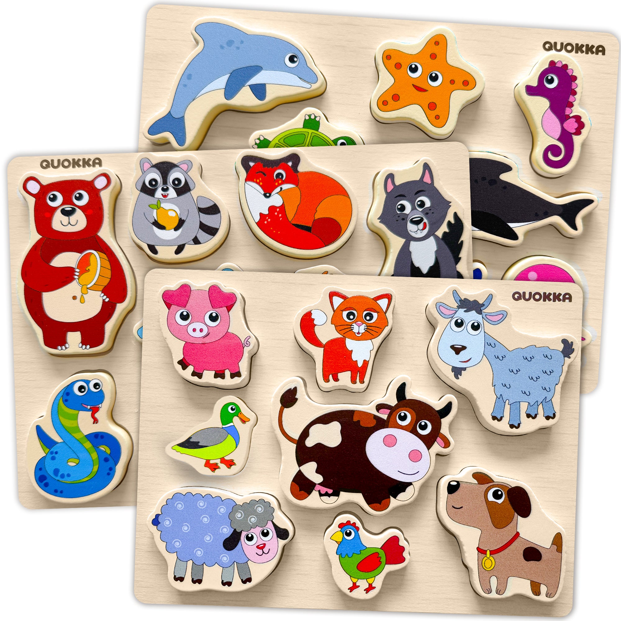 3 Set Chunky Wooden Puzzles for Toddlers | Toys with Animals