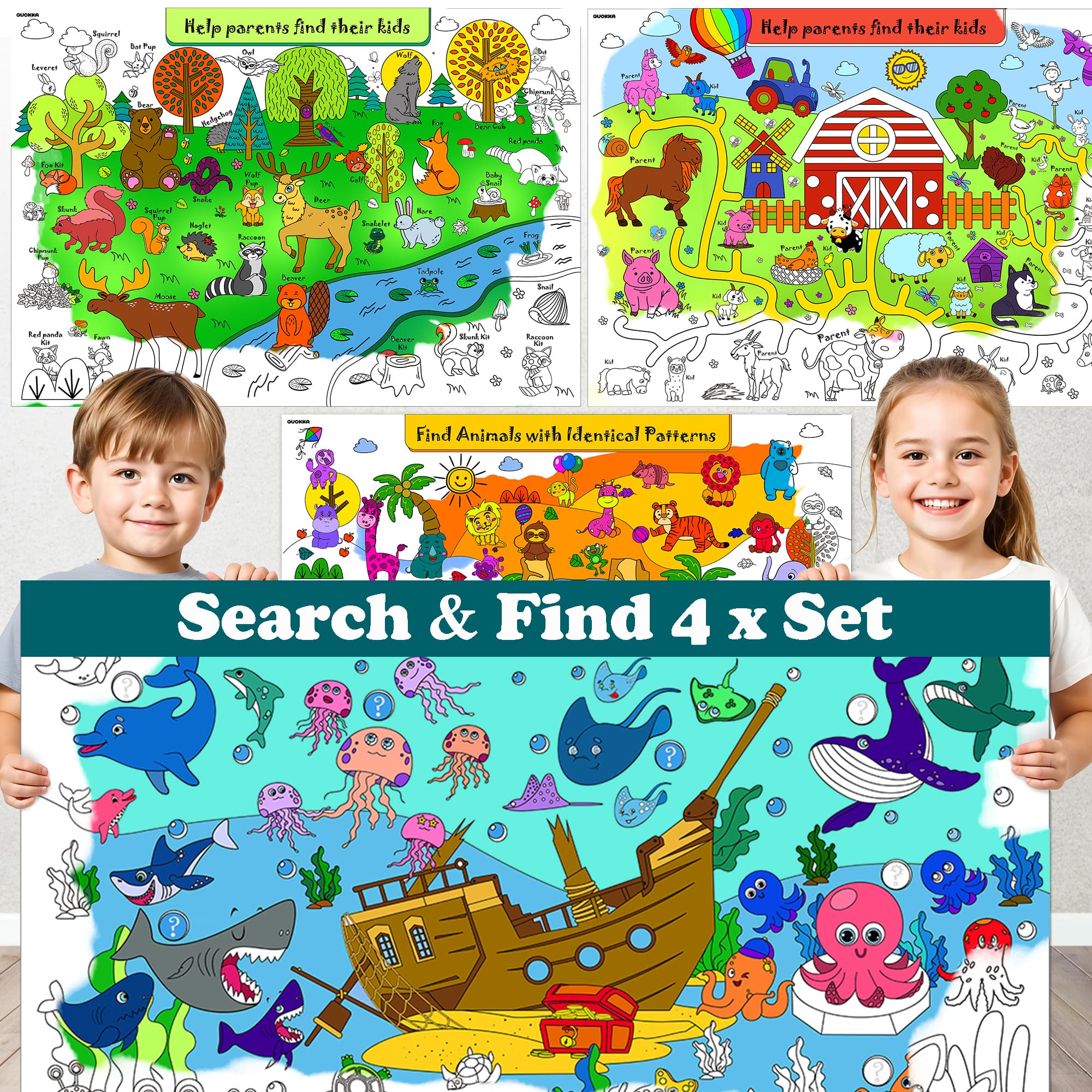 4 Giant Coloring Posters for Kids | Farm, Sea, Zoo & Birds