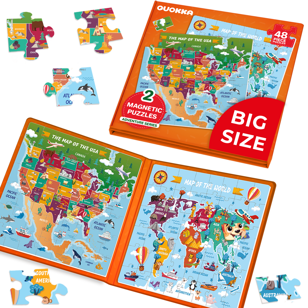 Magnetic Book 2x48 Piece Puzzles for Kids | Maps USA & World – Quokka