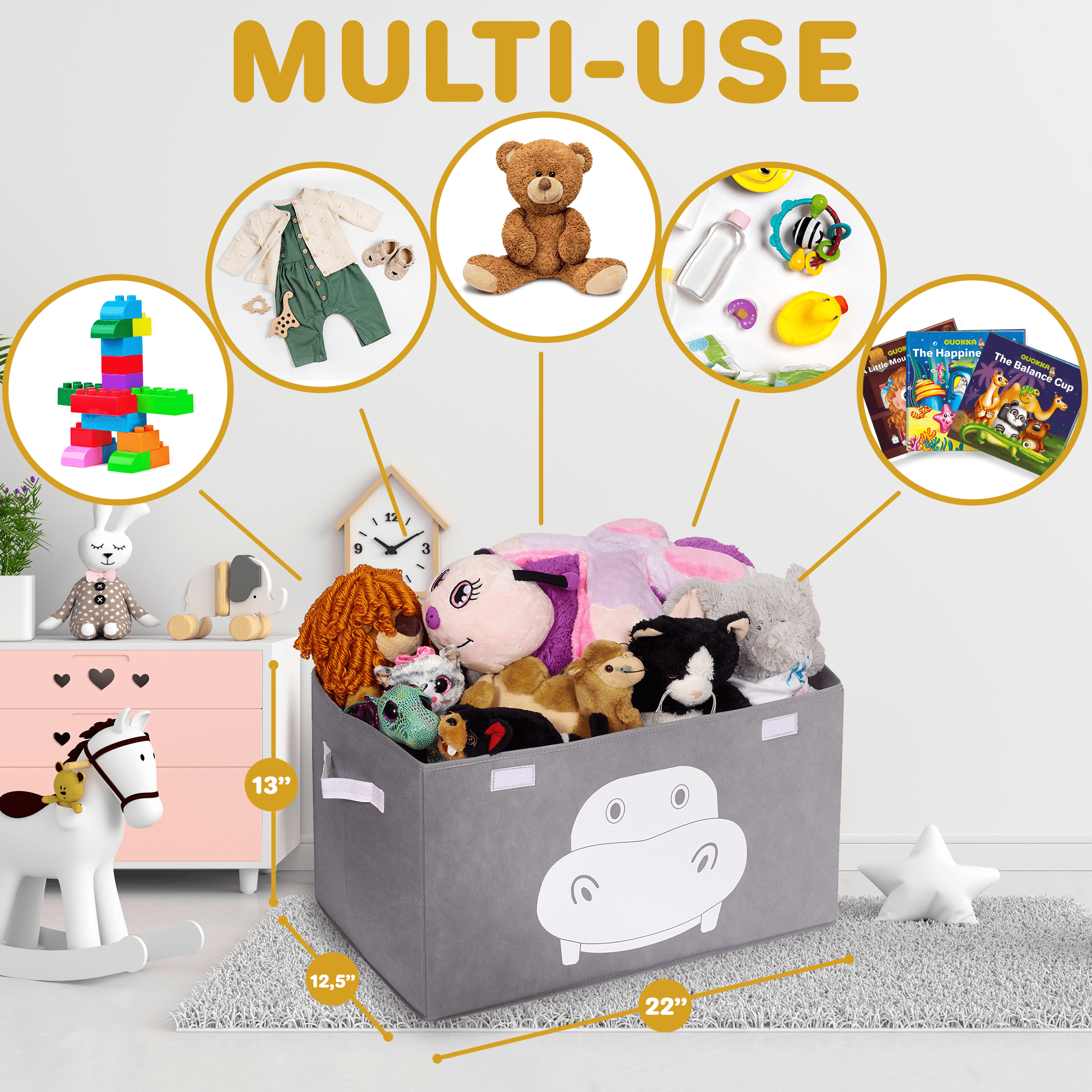 QUOKKA Hippo Toy Storage Box | 4 Set Toy Chest Organizer for Kids