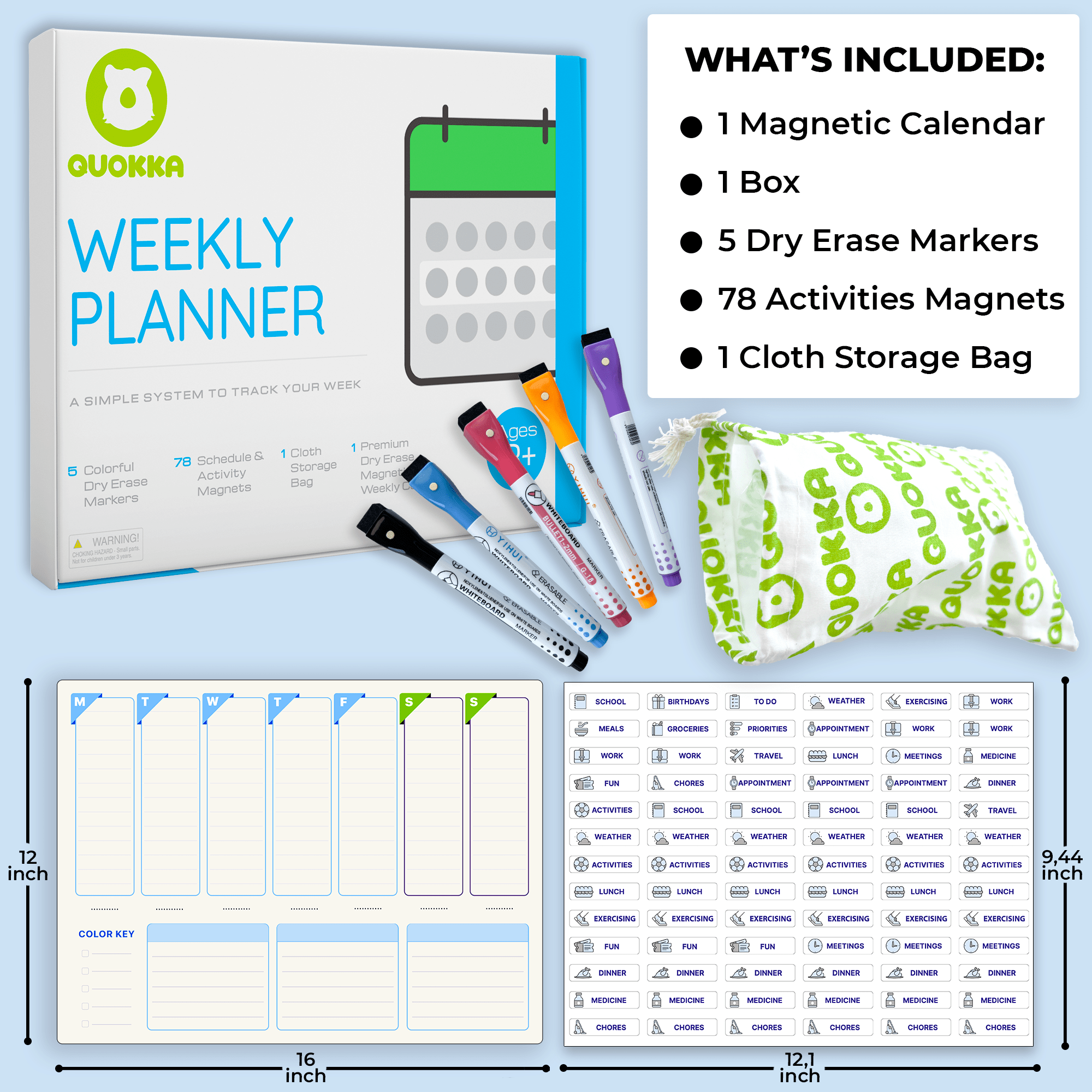 QUOKKA Magnetic Weekly Planner for Kids Chore Chart Calendar