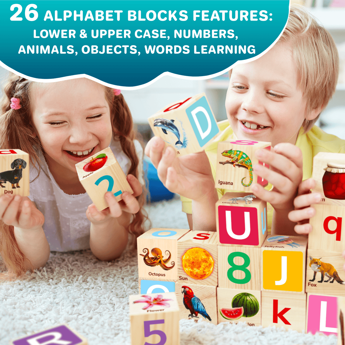 QUOKKA Montessori Wooden Blocks | 35 Realistic ABC Learning Blocks