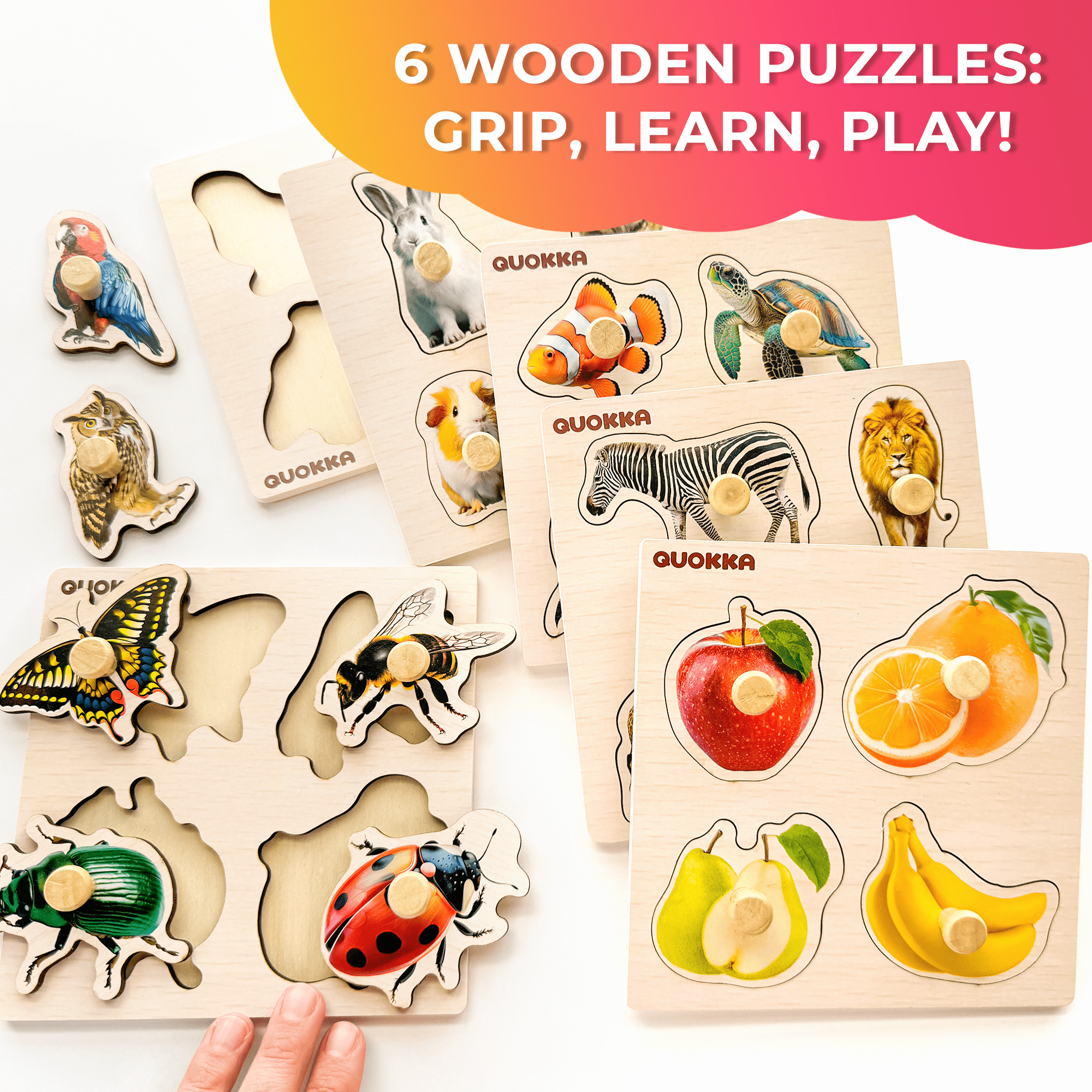 QUOKKA 6 Set Realistic Wooden Puzzles for Toddlers | Animal & Fruits