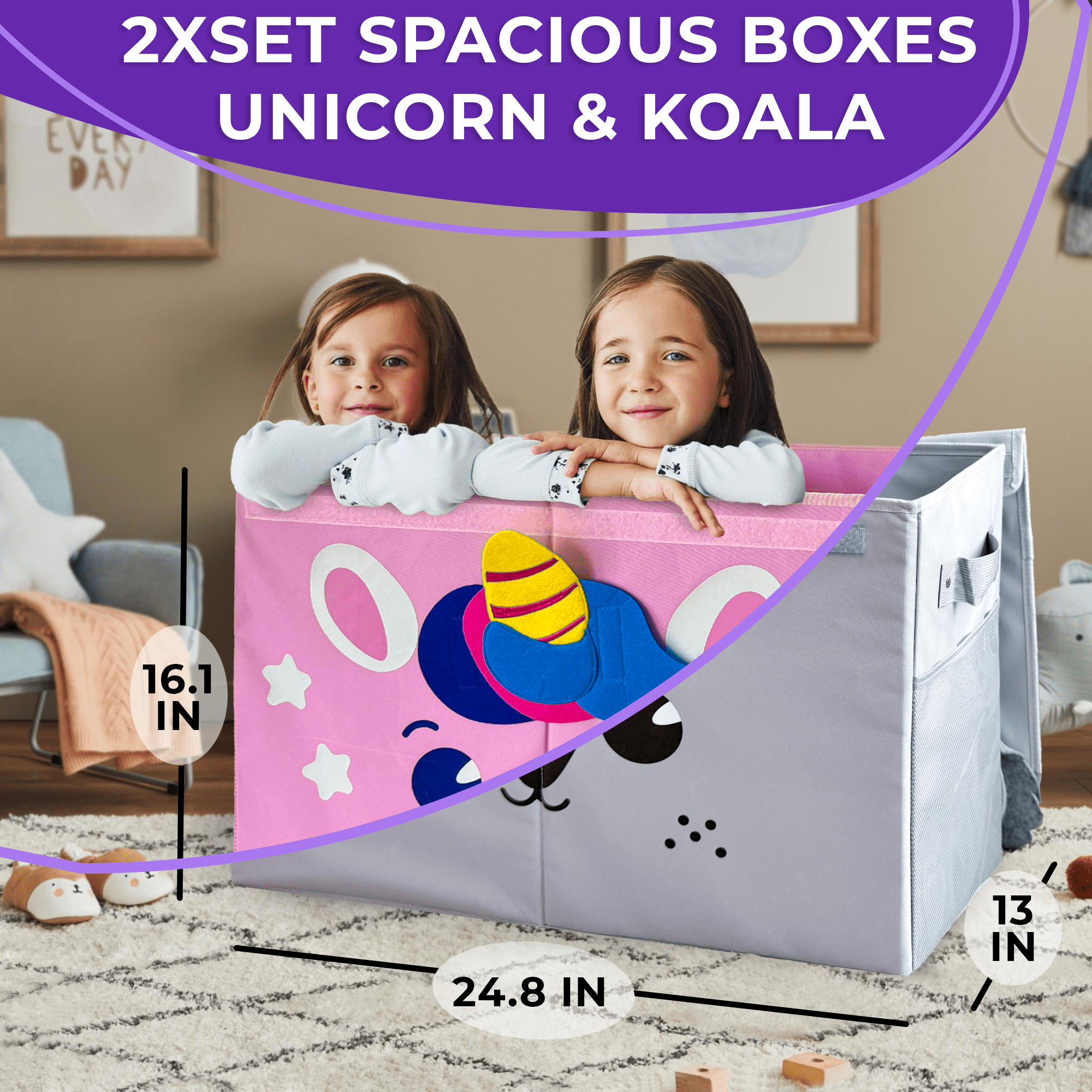 QUOKKA Toy Storage Box | Set of 2 Toy Chest Organizers | Unicorn & Koala