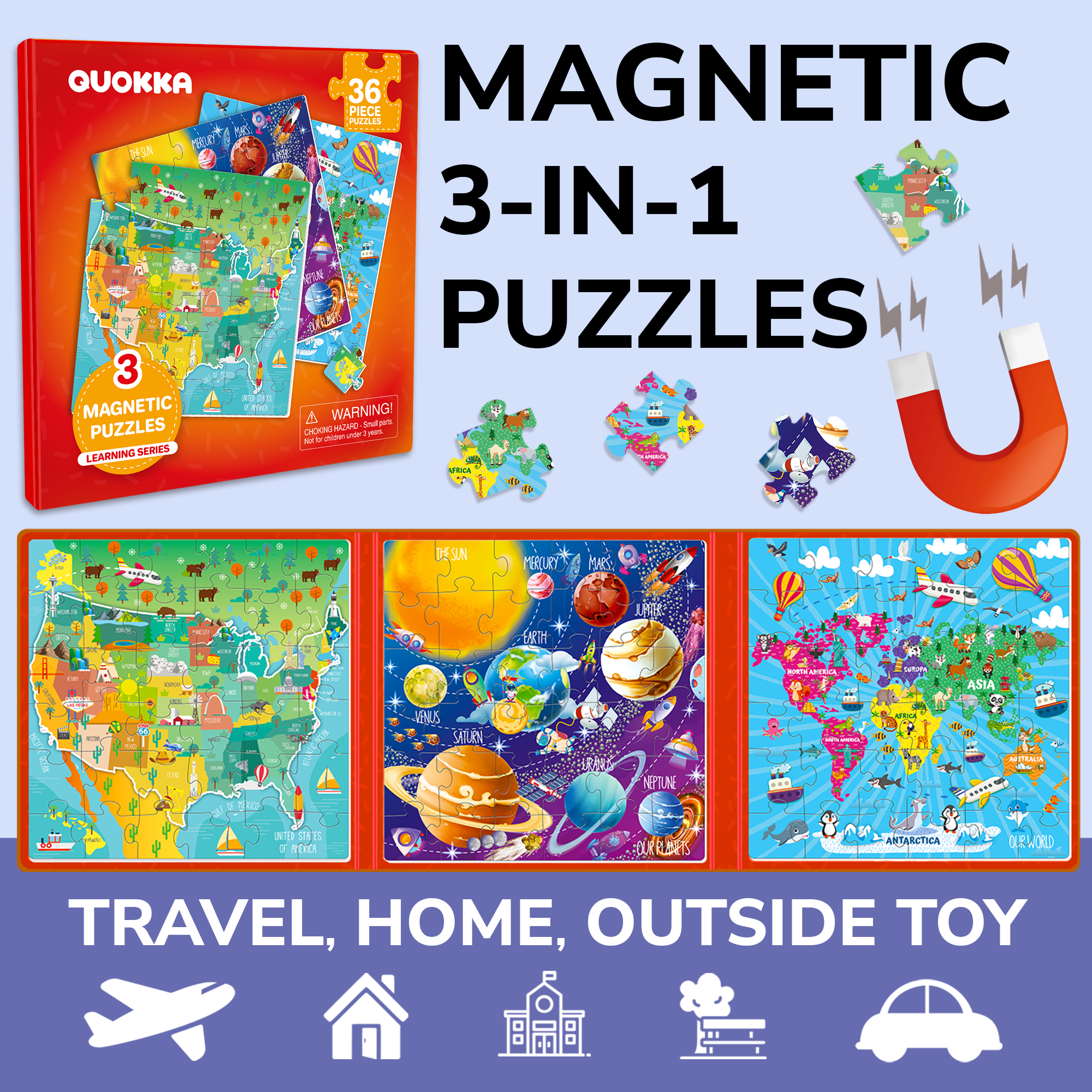 QUOKKA Magnetic Book 36 Piece Puzzles for Kids | Maps USA, World & Space