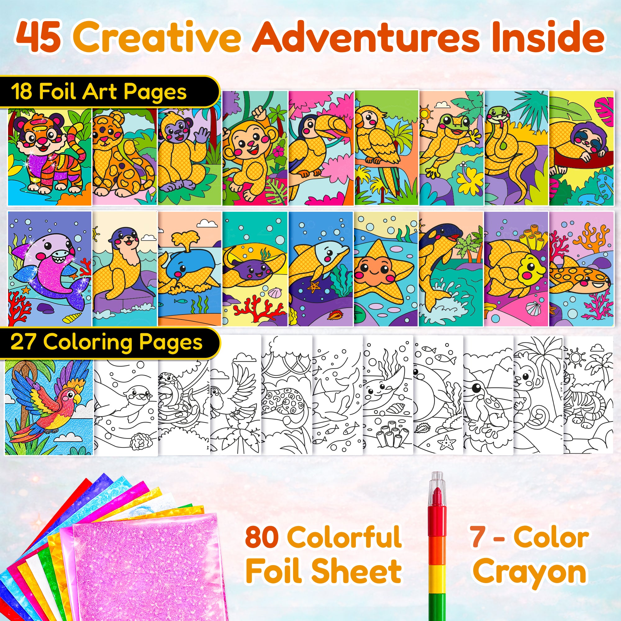 Foil Art Crafts Activity Book with Coloring Pages for Kids Jungle & Ocean
