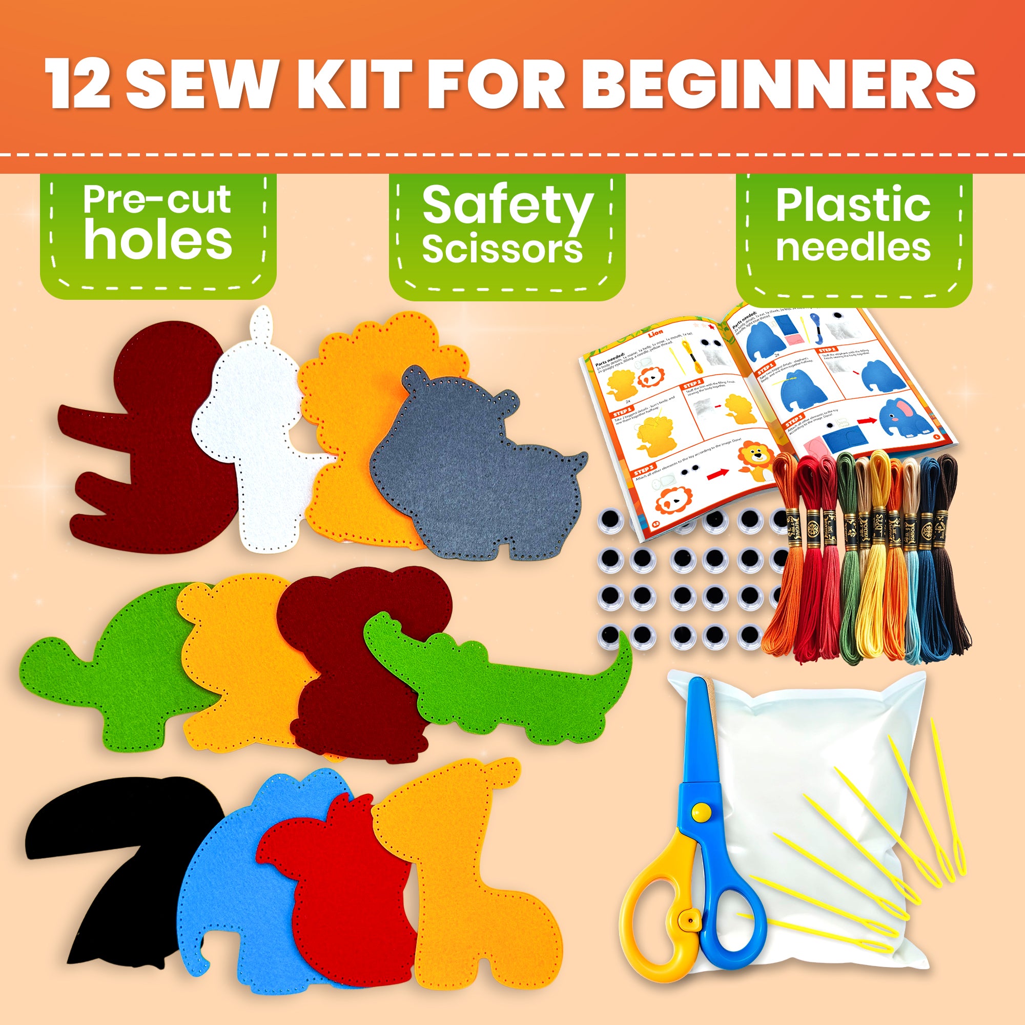 QUOKKA Craft Kits for Kids - 12 Wild Safari Sewing