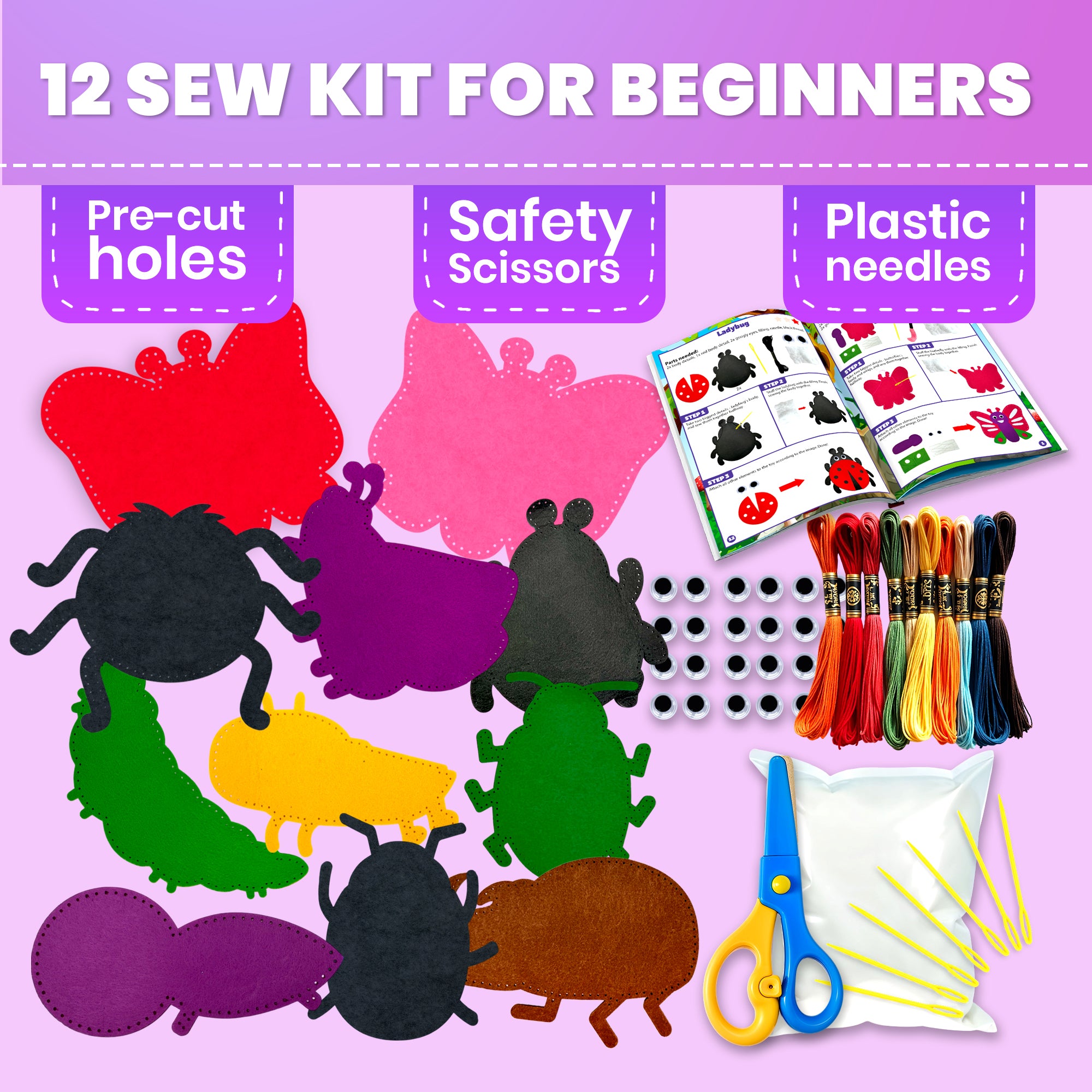 Craft Kits for Kids - 12 Bugs & Insects Sewing Kit Basic