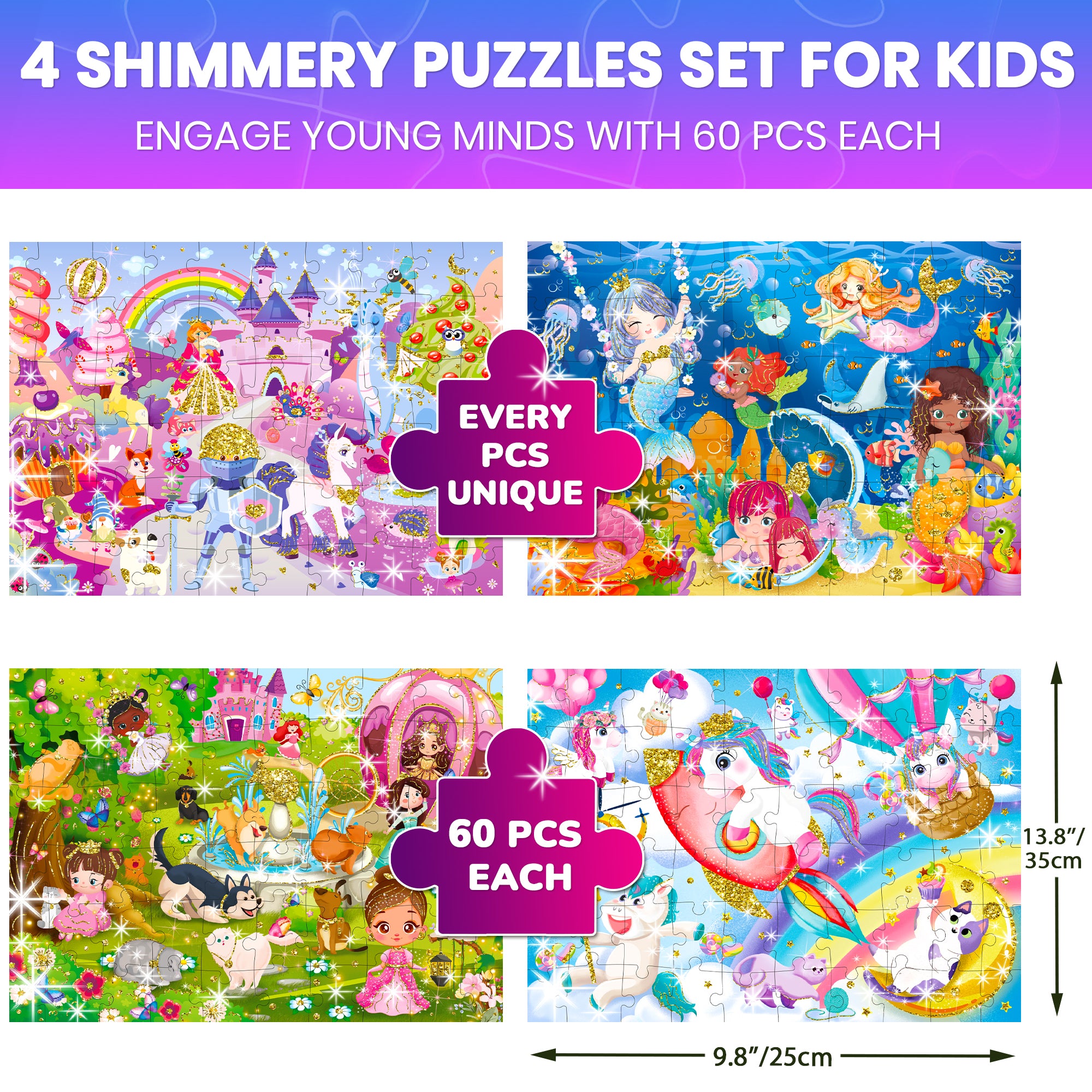 60 Piece Puzzles for Kids | Unicorns, Mermaids, Princesses & Fairy Tale