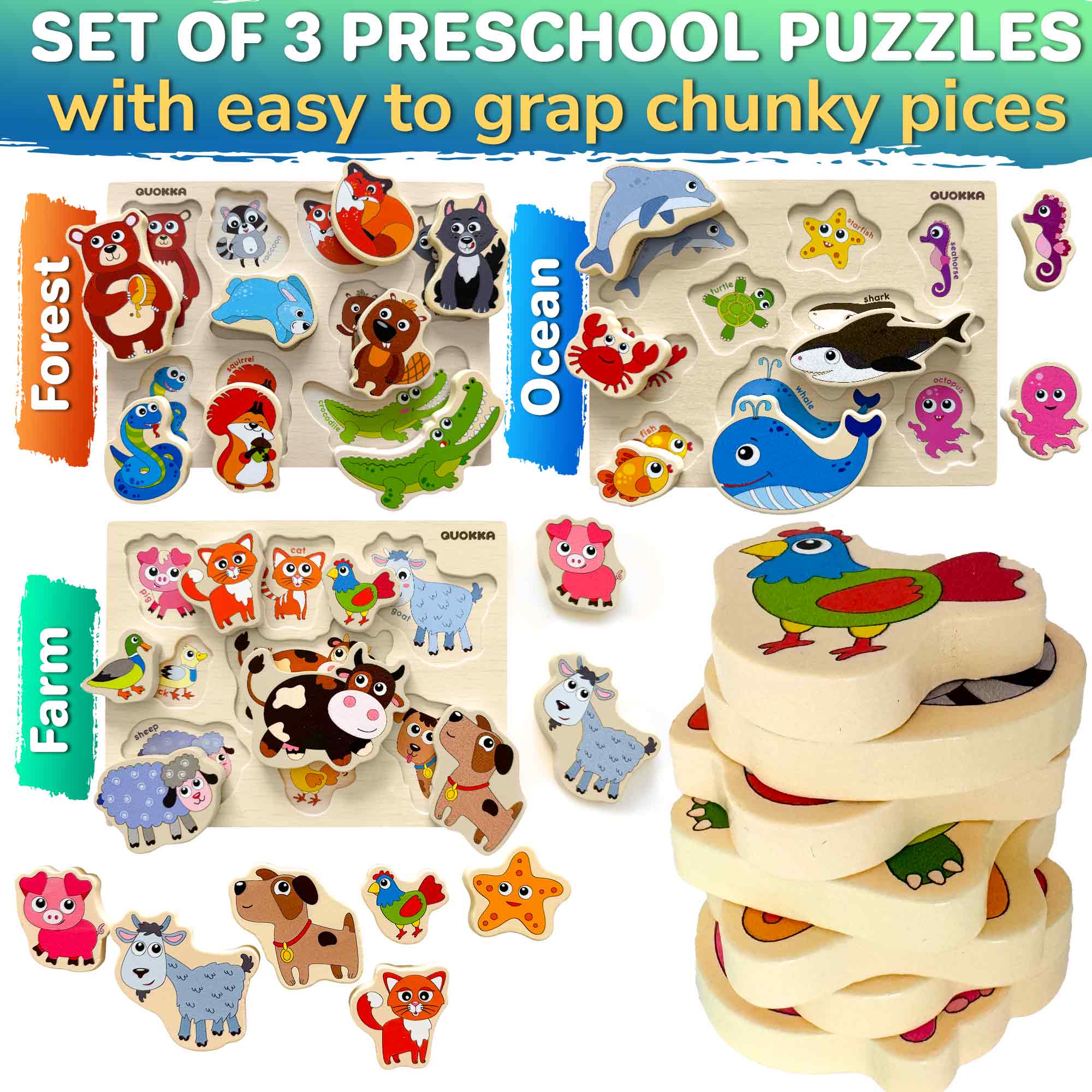 3 Set Chunky Wooden Puzzles for Toddlers | Toys with Animals