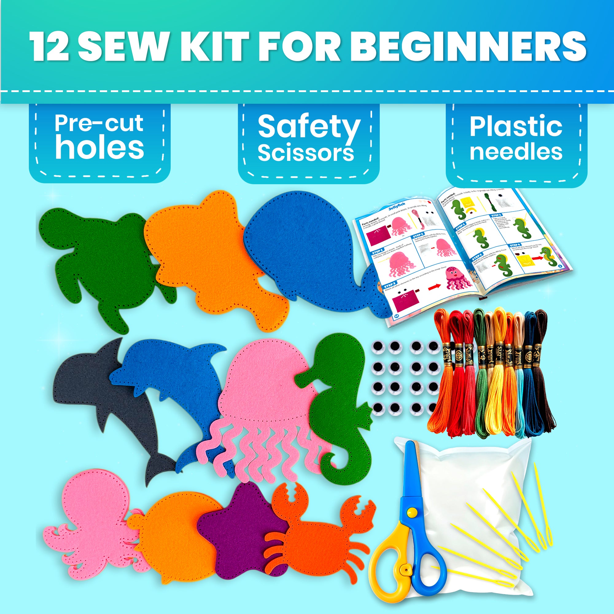 Craft Kits for Kids - 12 Sea Animals Sewing Kit Basic