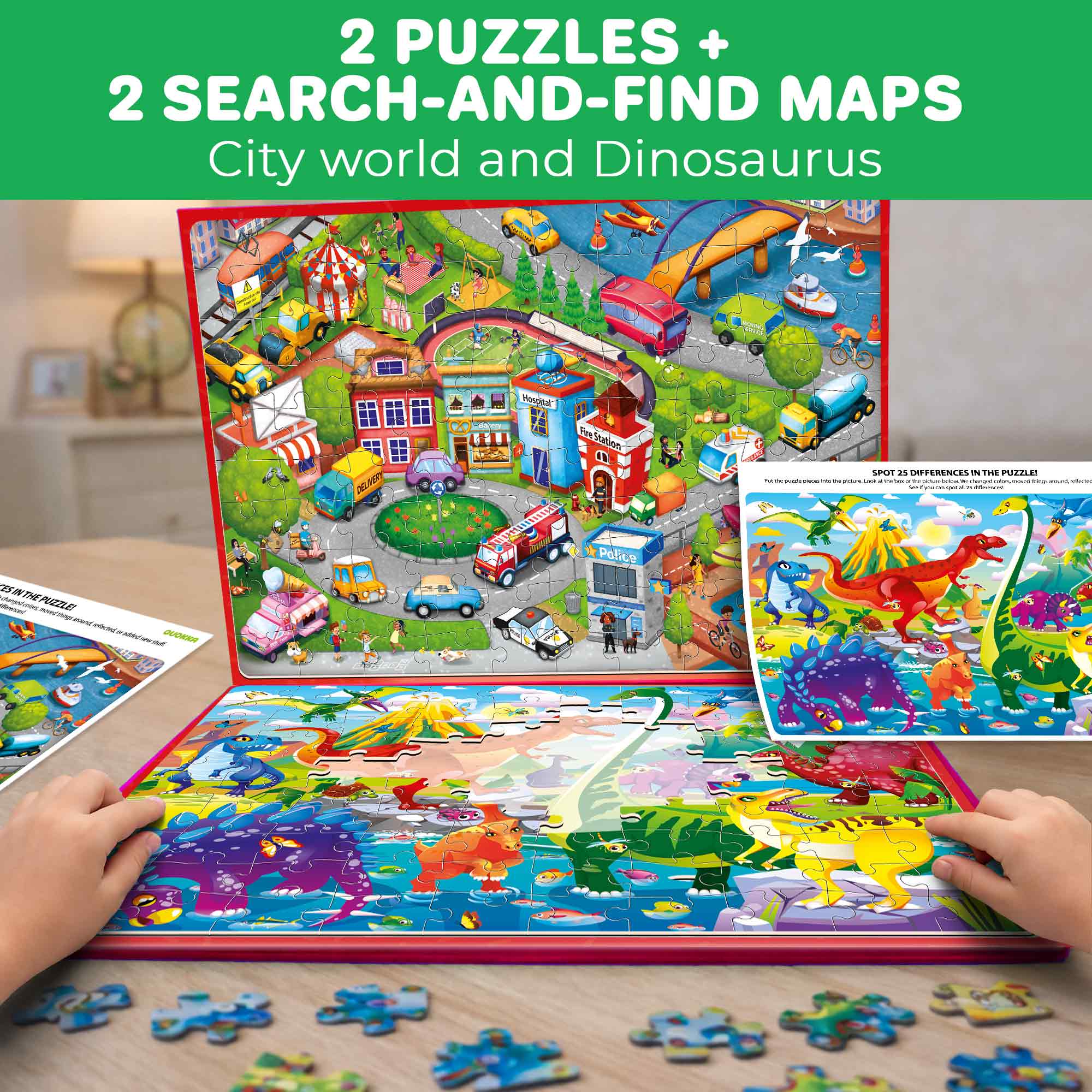 Magnetic Puzzle 2x100 Pcs Puzzles for Kids - City Cars & Dinos
