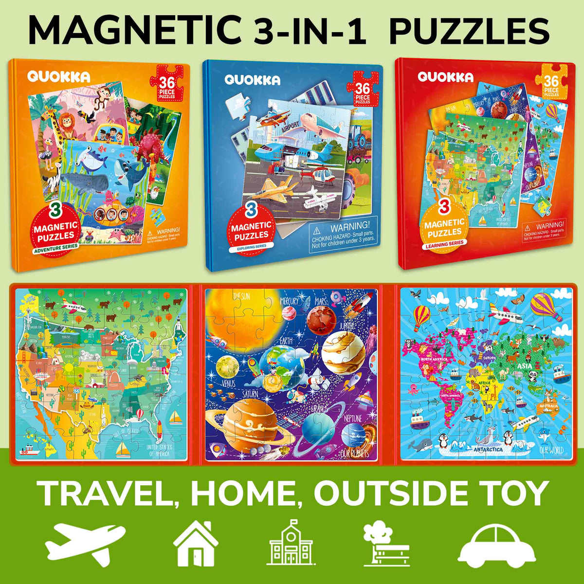 3 Set Magnetic Puzzles for Kids - Animal, Transport, Maps & Space