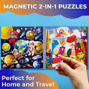 QUOKKA Magnetic Book 2x48 Piece Puzzles for Kids | Space & Dino