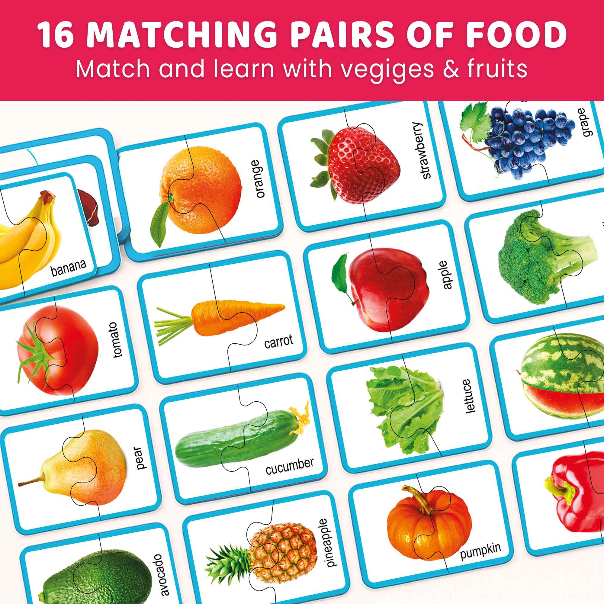 Matching Puzzle for Toddlers - 16 Realistic Pairs Fruits Veggies