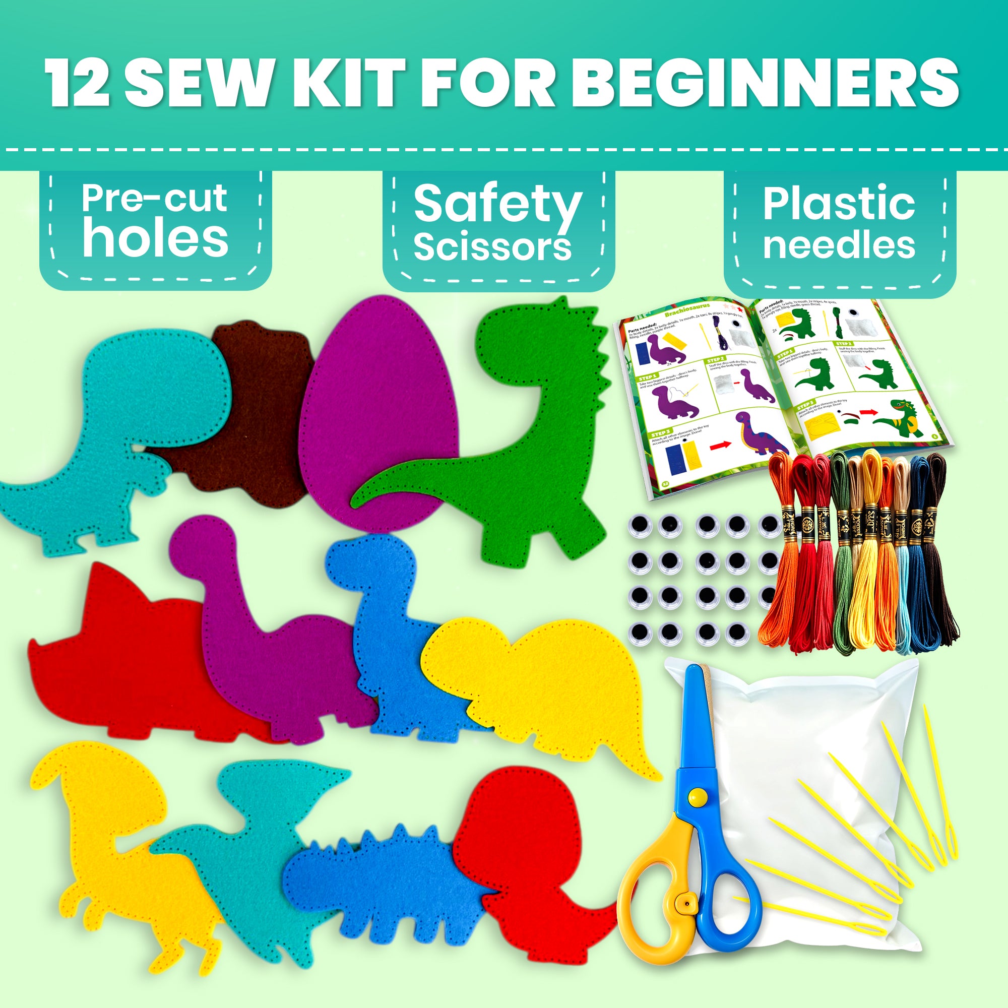 QUOKKA Craft Kits for Kids - 12 Wild Dino Sewing