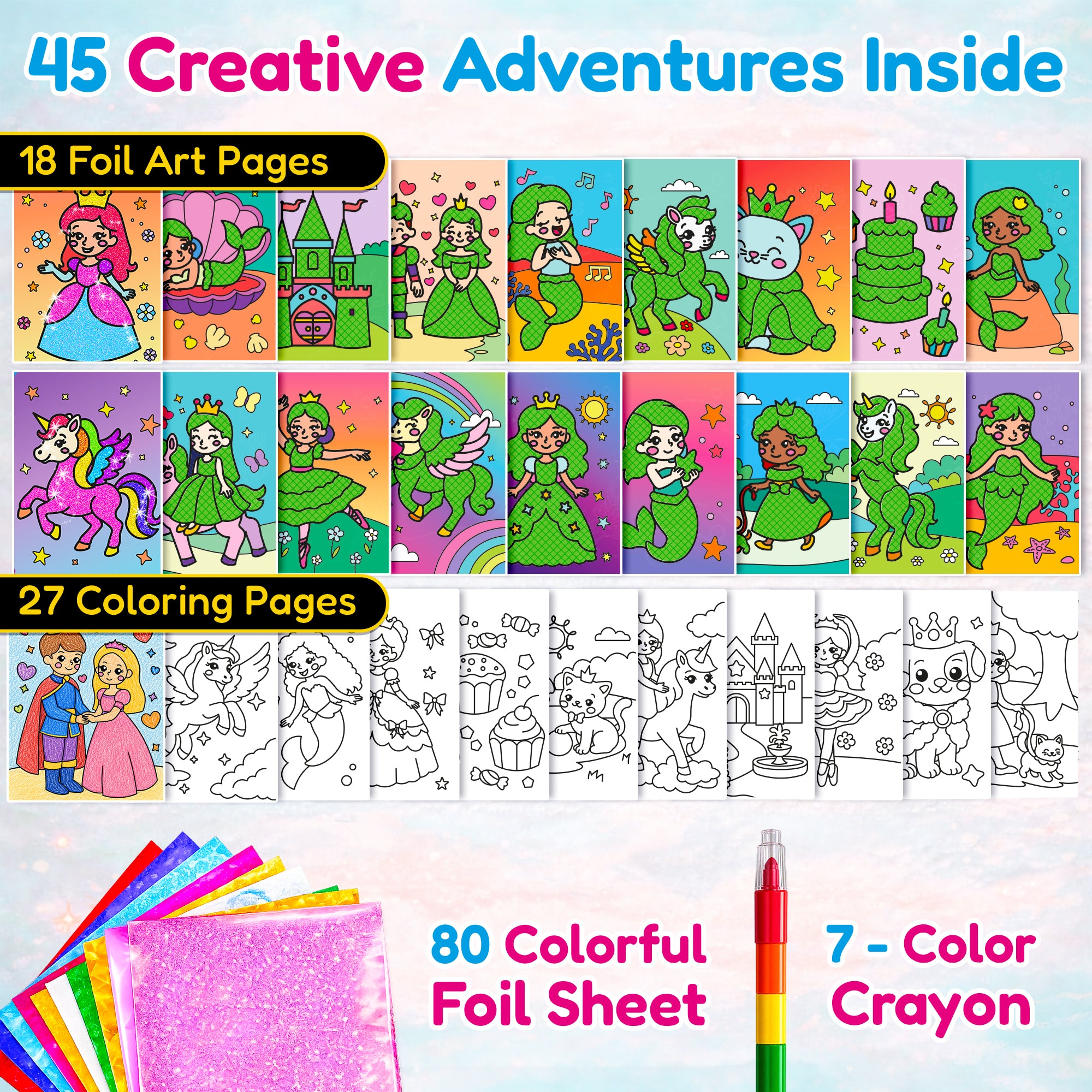 Foil Art Crafts Activity Book with Coloring Pages for Kids Princesses