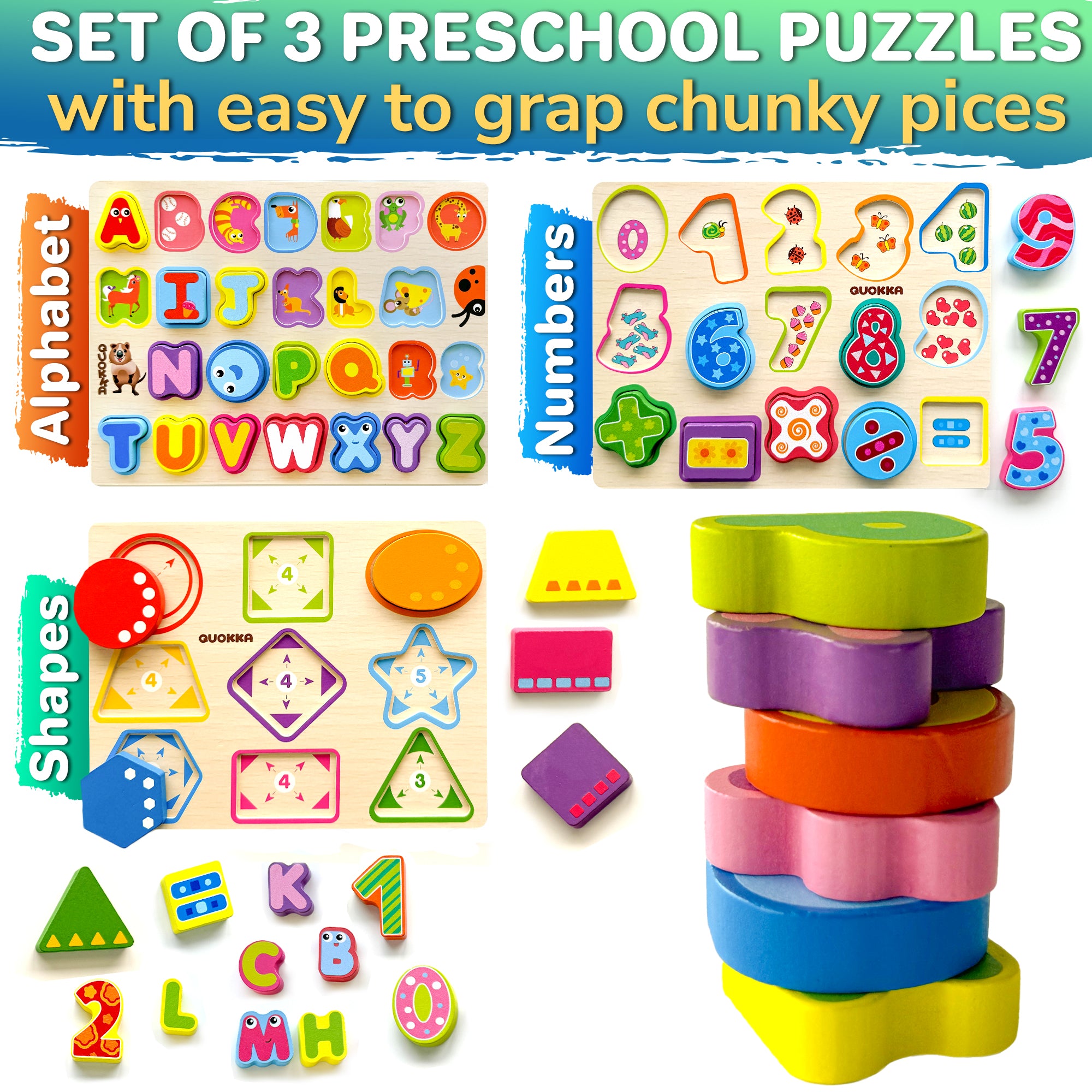 3 Set Chunky Wooden Puzzles for Toddlers | Alphabet, Numbers & Geometric Forms