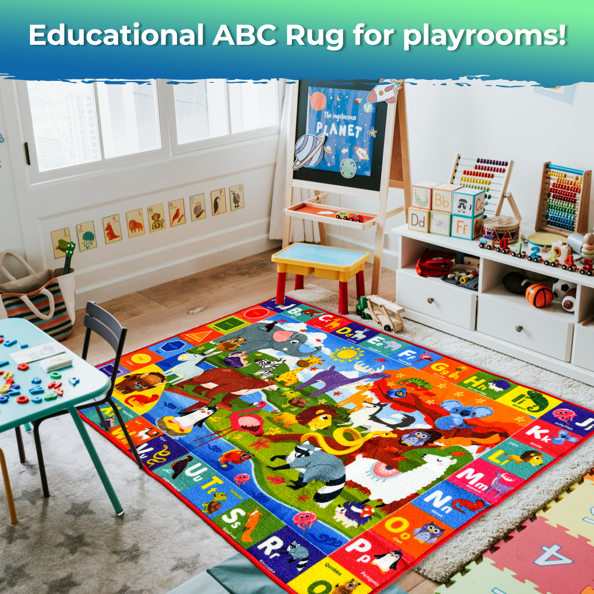 QUOKKA Classroom Rug for Kids | 59x39 ABC Rugs for Playroom | Alphabet Learning Area Animals Rug for Bedroom