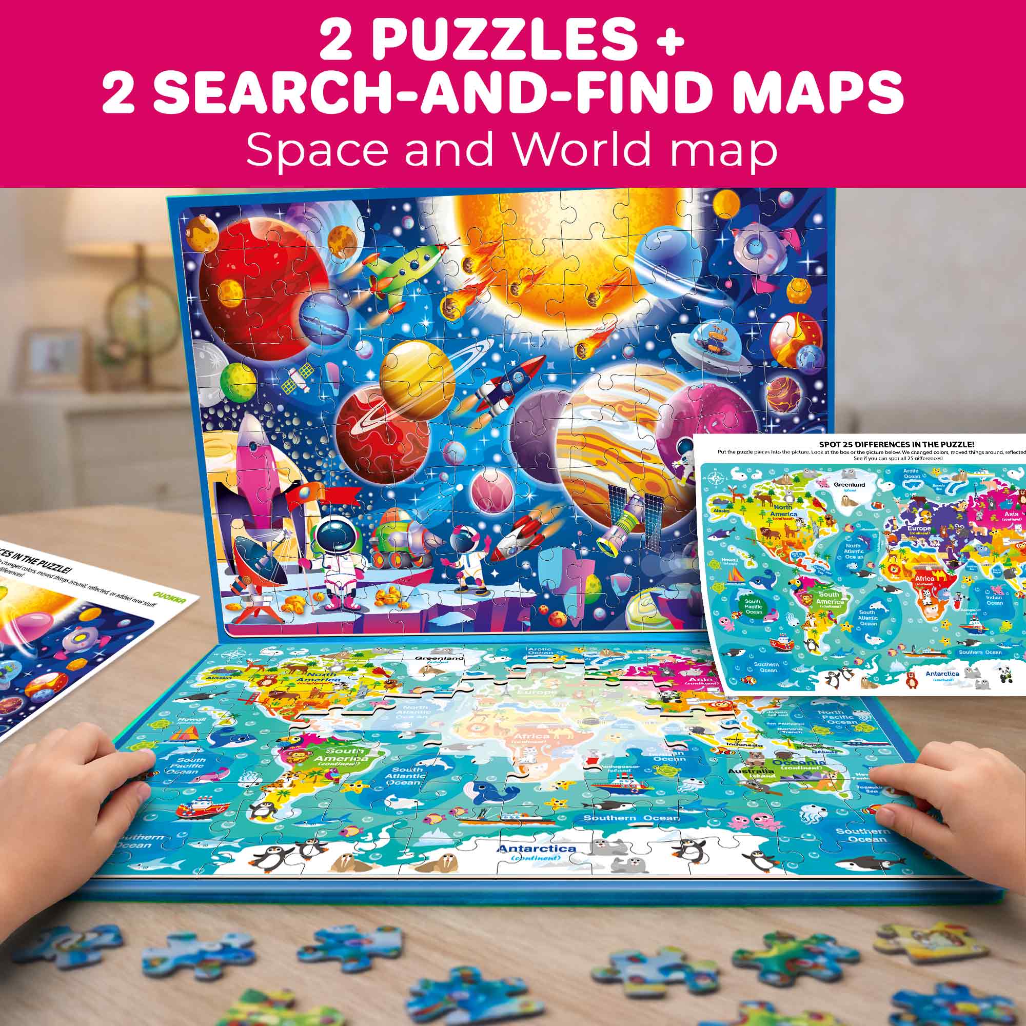 Magnetic Puzzle 2x100 Pcs Puzzles for Kids - Space & World Maps