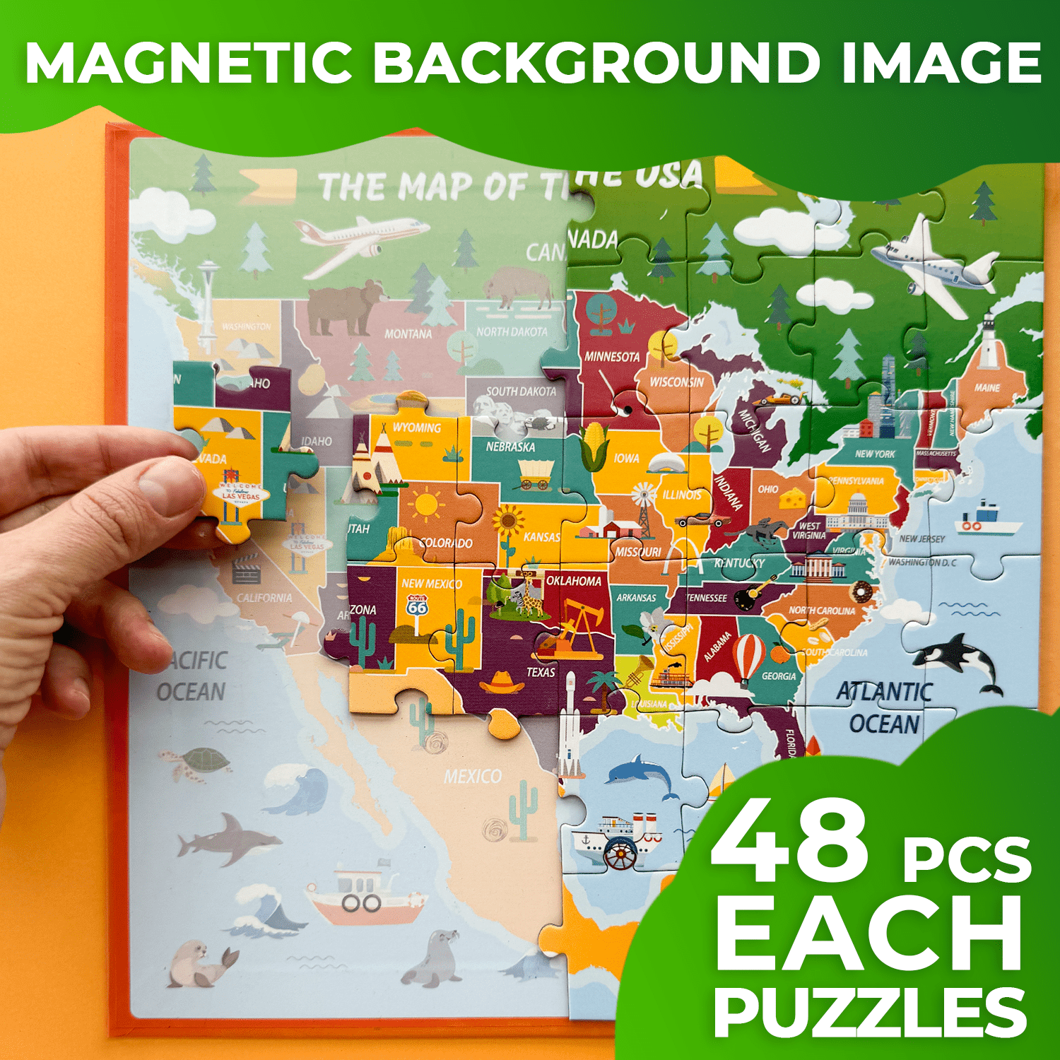 Magnetic Book 2x48 Piece Maps USA & World