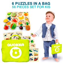 Load image into Gallery viewer, Toddler Wooden Puzzles 6 Realistic Set | Bugs Birds Fruits Wild Animals etc
