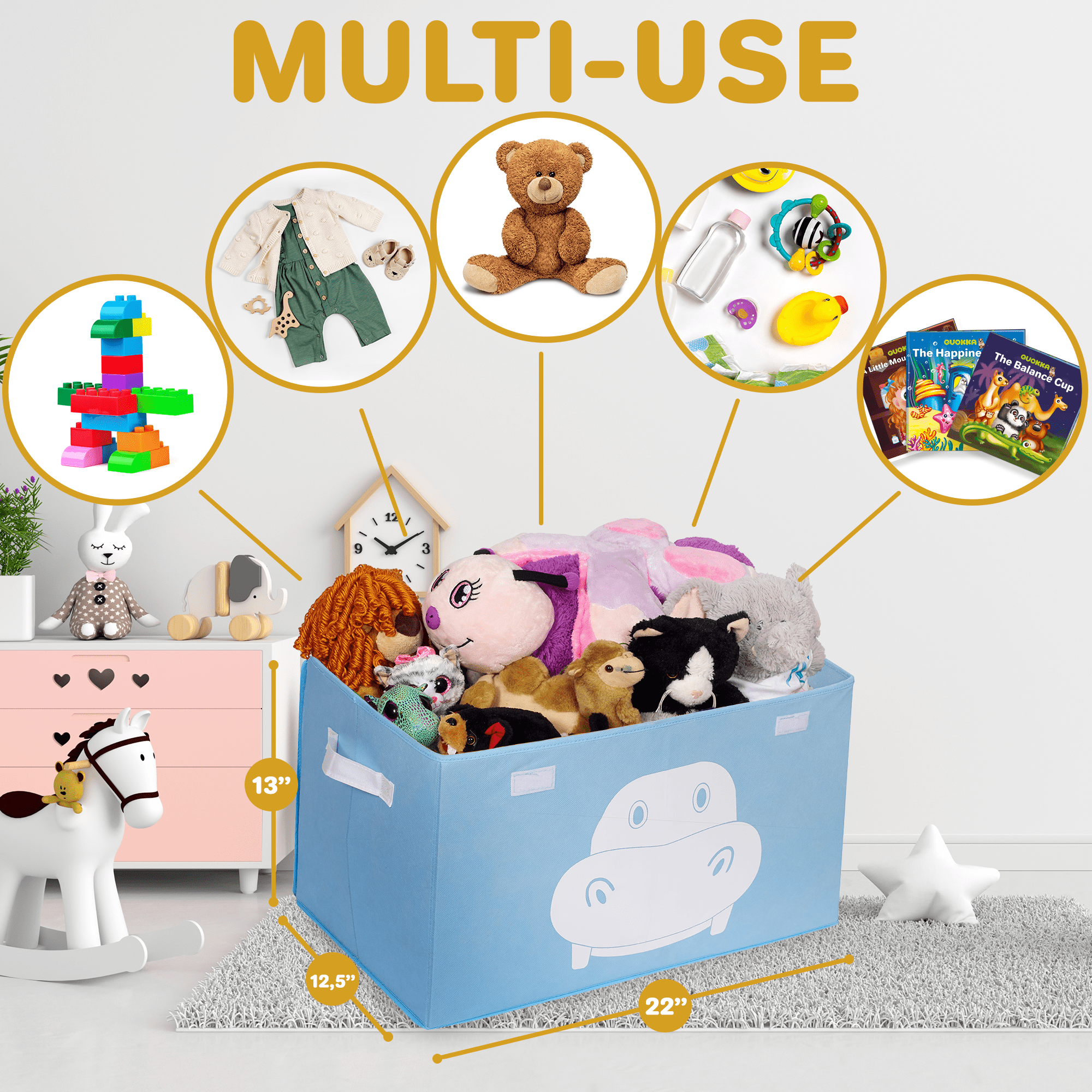 QUOKKA Hippo Toy Storage Box | Toy Chest Organizer for Kids