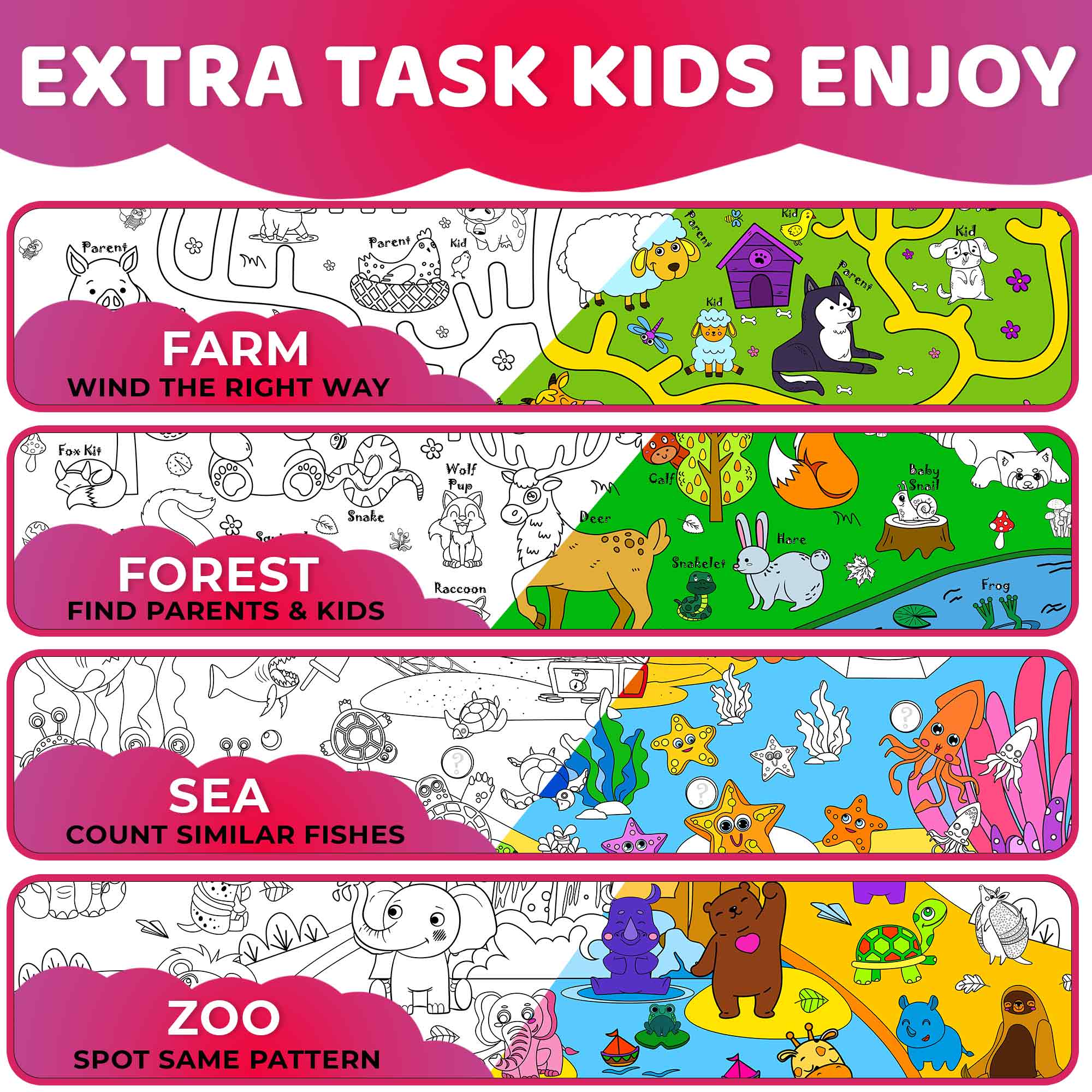 4-Pack 2x3 Ft Large Coloring Sheets with Educational Tasks 