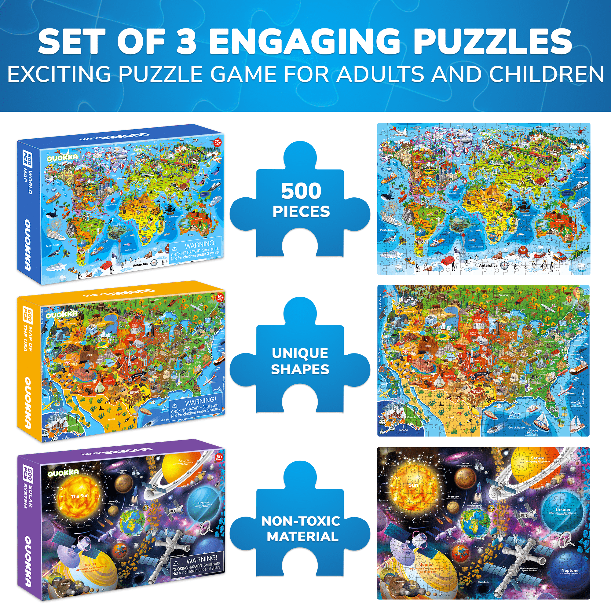 500 Piece 3 Set Puzzles for Adults | USA and World Maps & Space