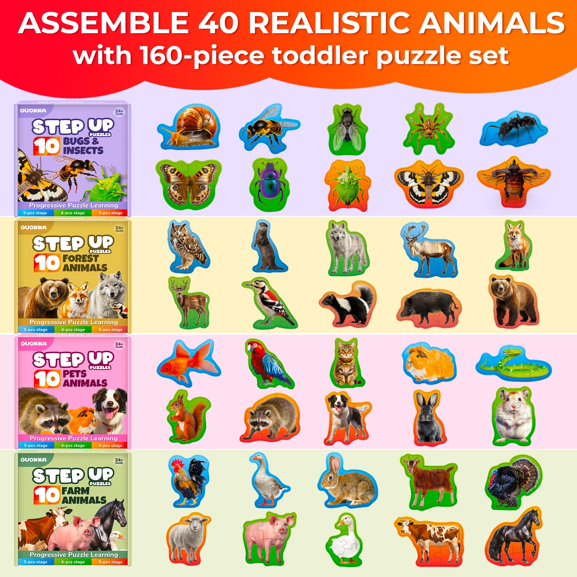 Step Up Puzzles 4 Set – 40 Animal Puzzles for Toddlers 2-4
