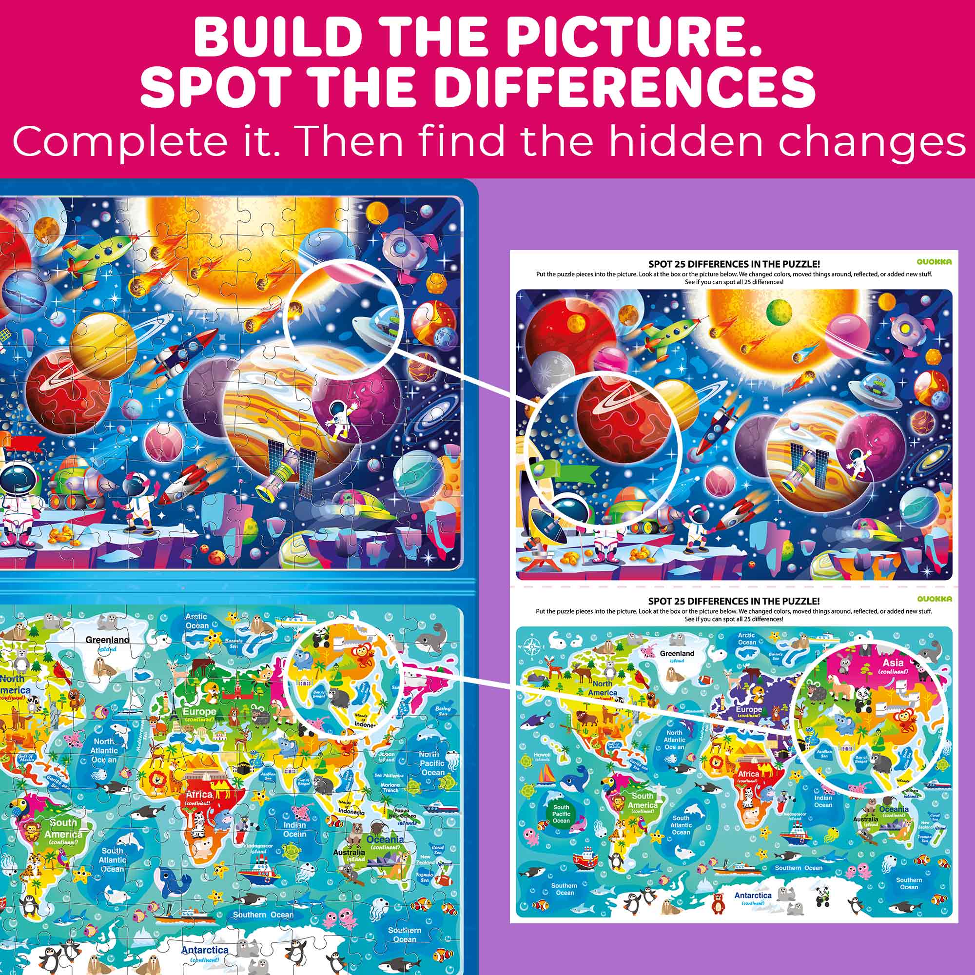 Magnetic Puzzle 2x100 Pcs Puzzles for Kids - Space & World Maps