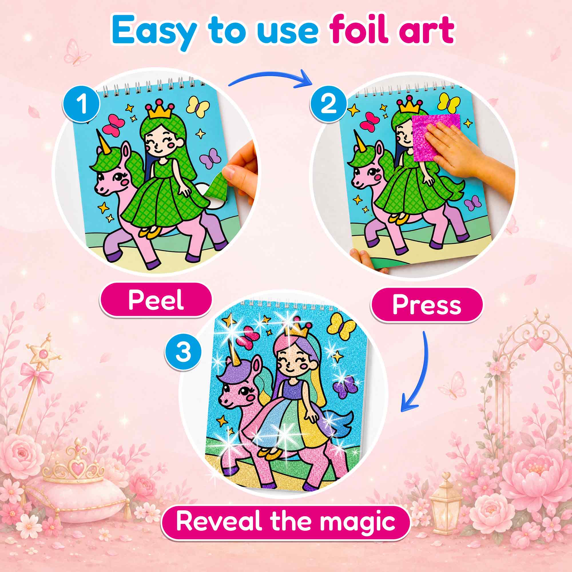 Foil Art Crafts Activity Book with Coloring Pages for Kids Princesses