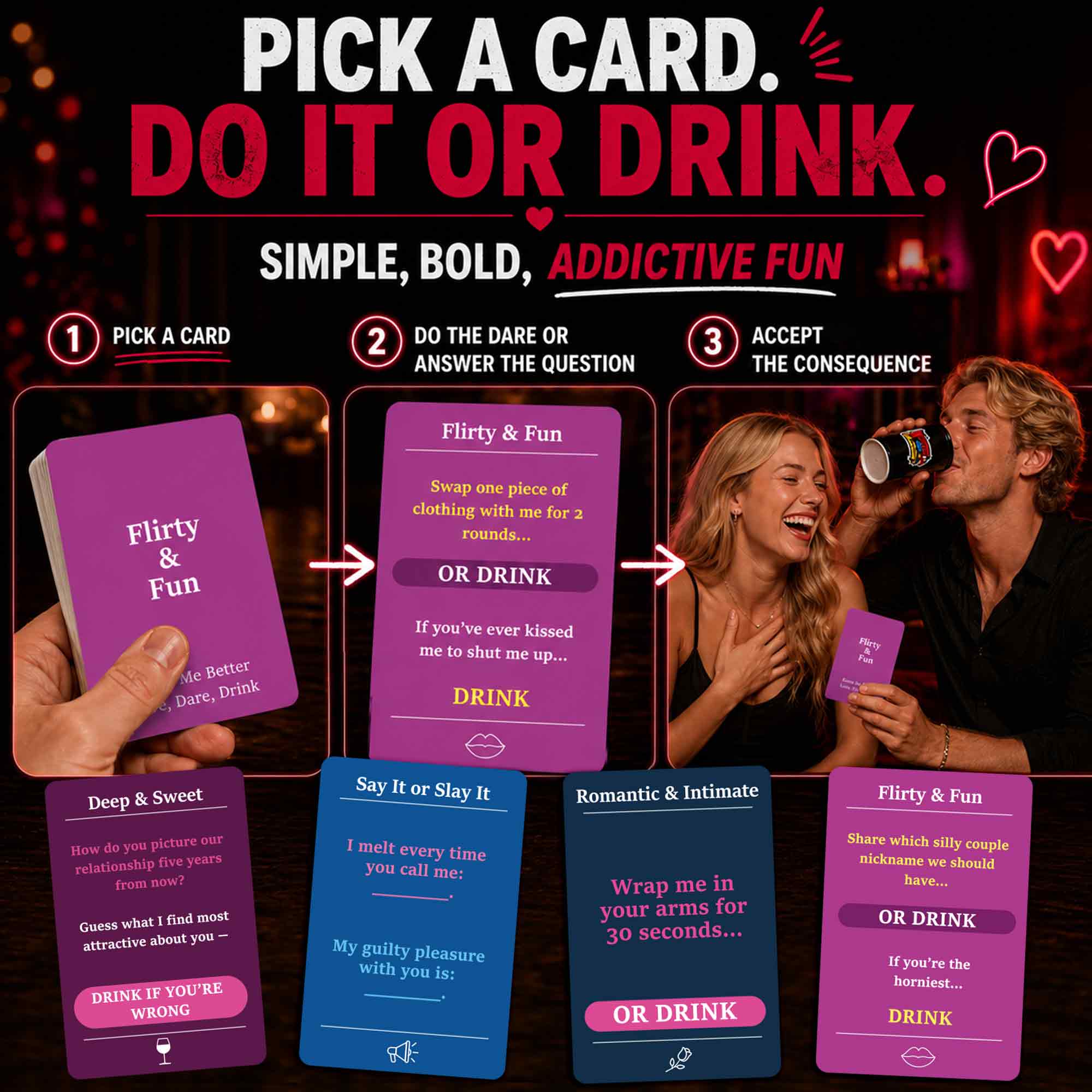 Couples Card Game Love Dare Drink – Spicy Date Night Game
