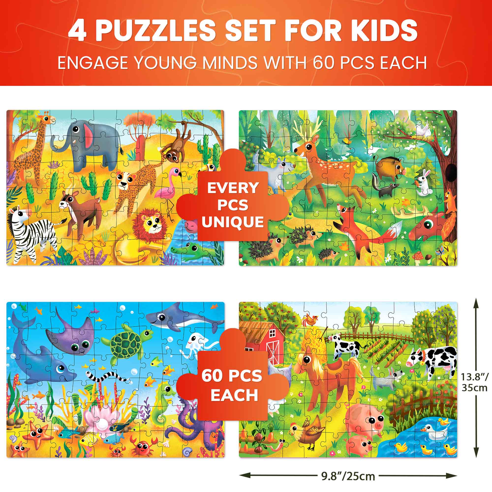 Jigsaw Puzzles for Kids 60 Pcs Farm, Polar, Ocean & Safari Animals