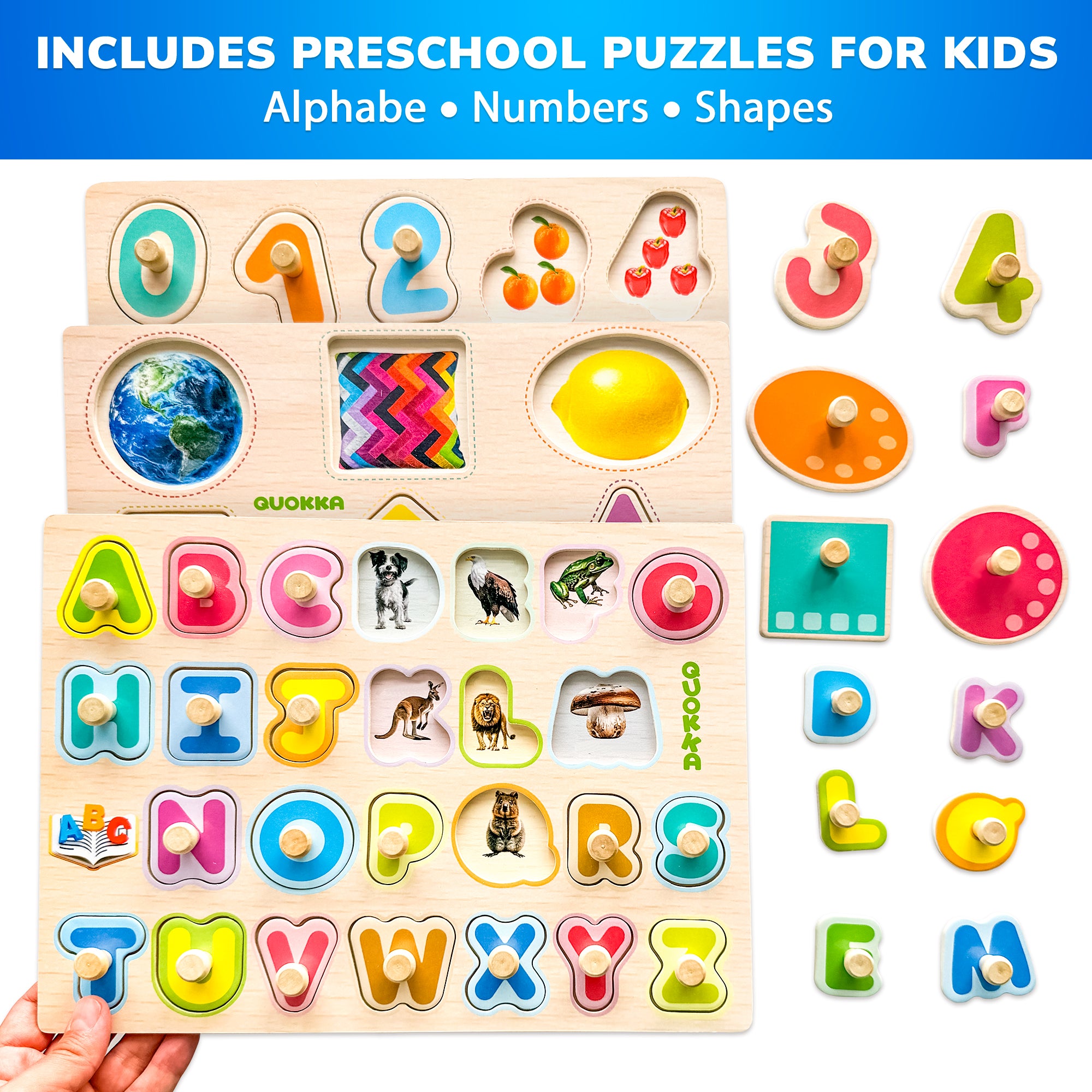 8 Pack Rack Wooden Puzzles for Toddlers| ABC, Numbers & Animals