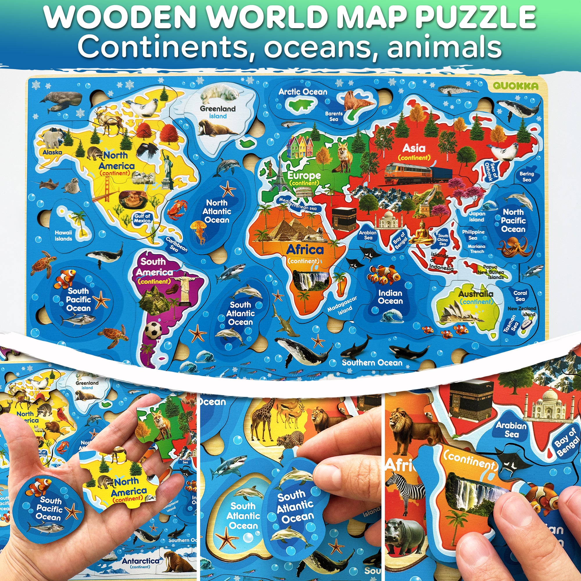 QUOKKA Wooden Puzzles for Kids - Realistic USA and World Map
