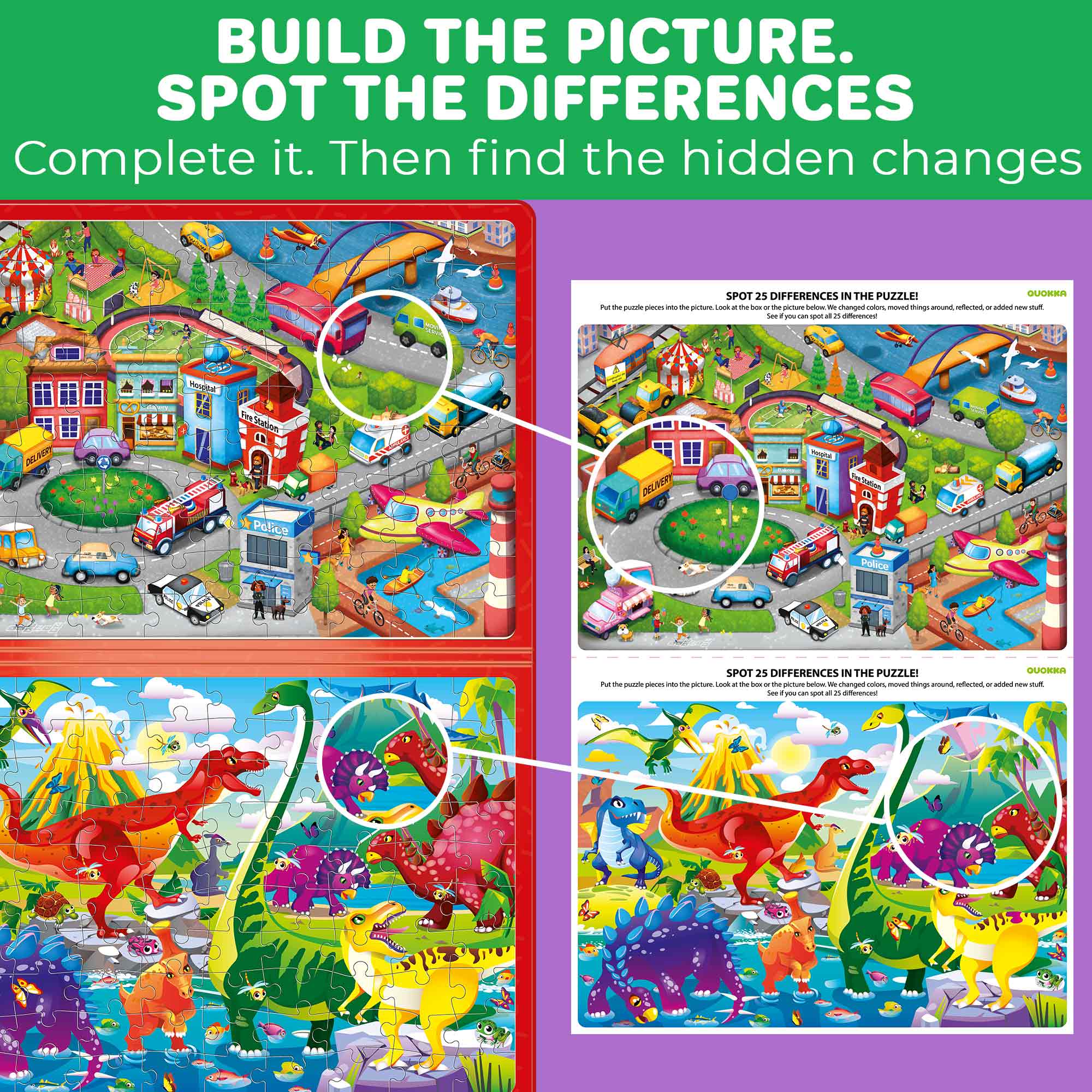 Magnetic Puzzle 2x100 Pcs Puzzles for Kids - City Cars & Dinos
