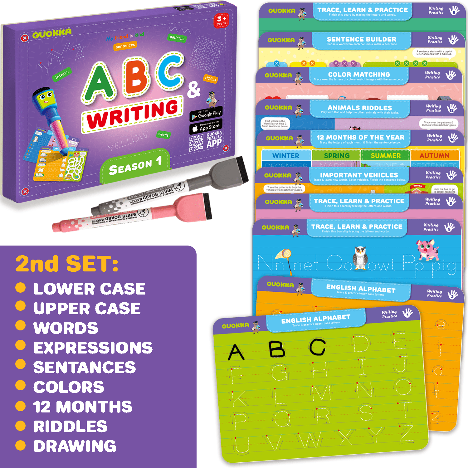 2X Set Handwriting Dry Erase Wipe Boards for Kids - ABC Writing for Toddlers Age 3 4 5