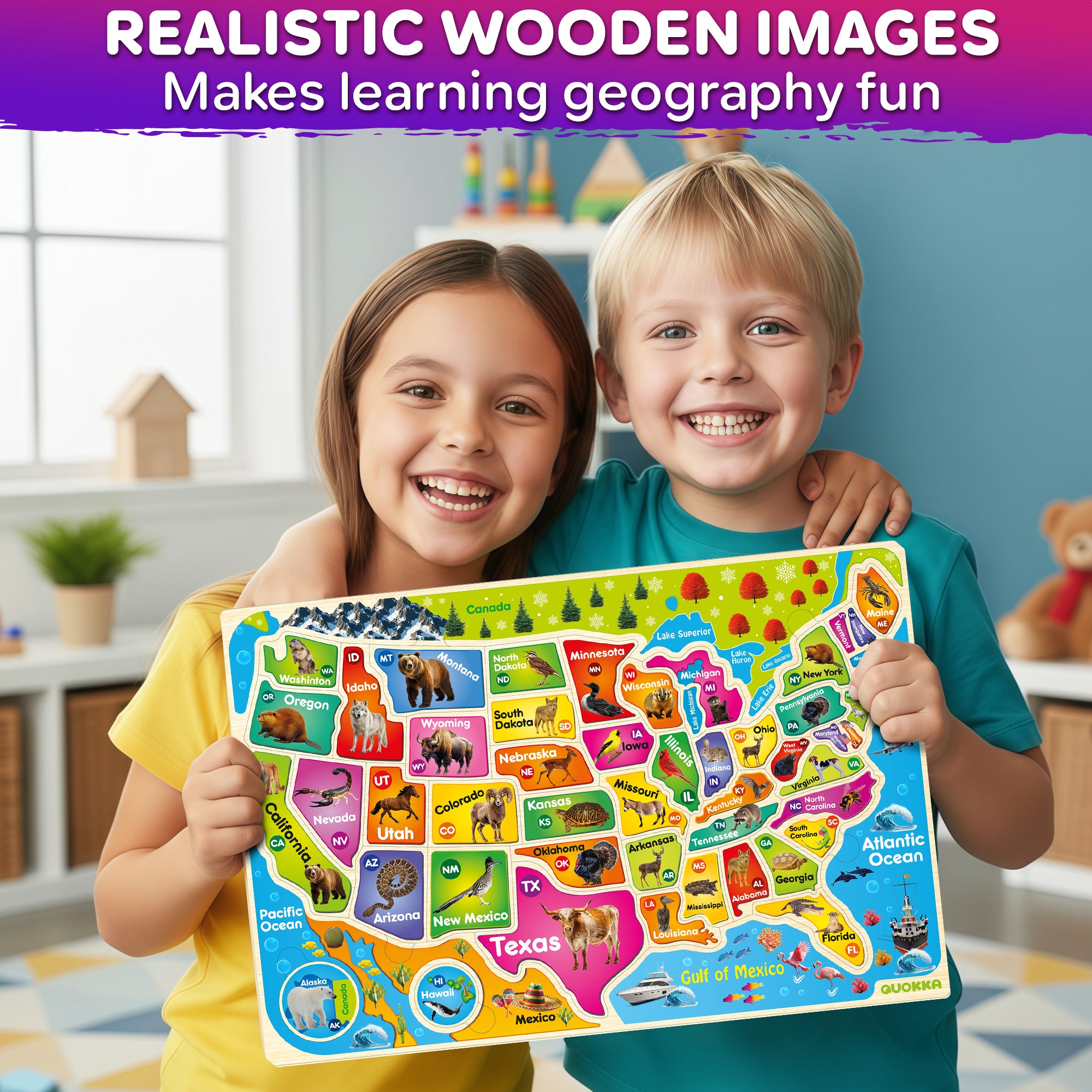 QUOKKA Wooden Puzzles for Kids - Realistic USA and World Map