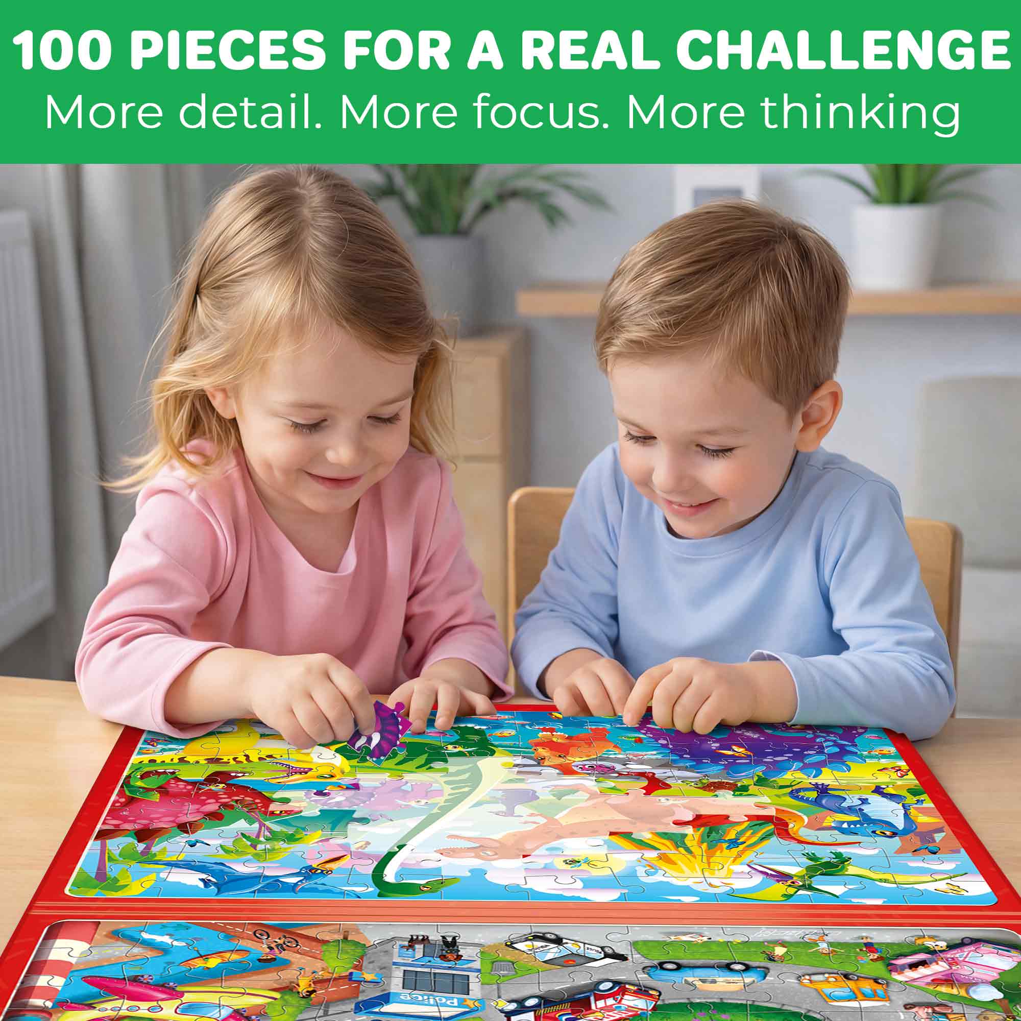Magnetic Puzzle 2x100 Pcs Puzzles for Kids - City Cars & Dinos